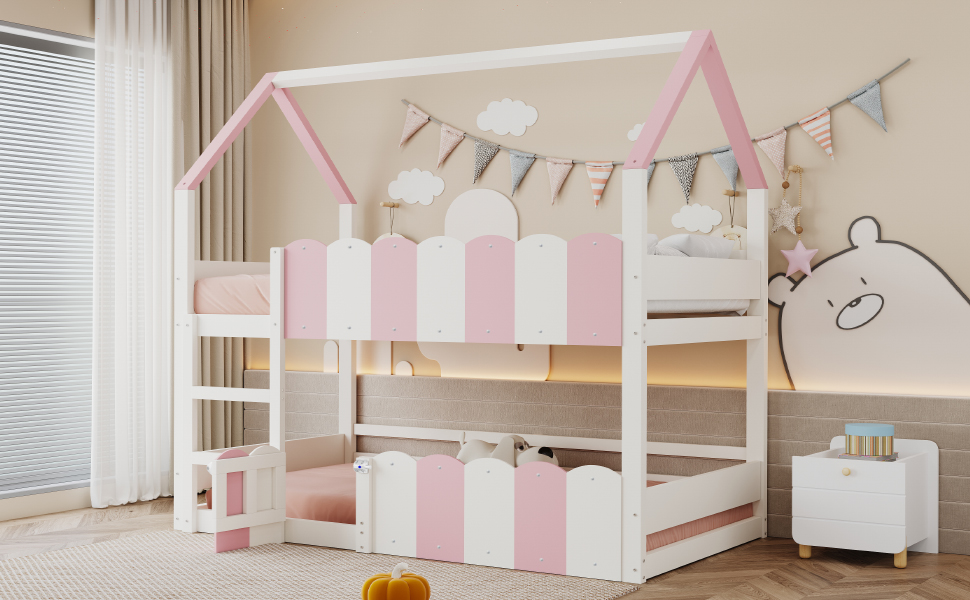 Lit superposé enfant 90x200 cm en bois avec échelle et sécurité, design maison, blanc et rose