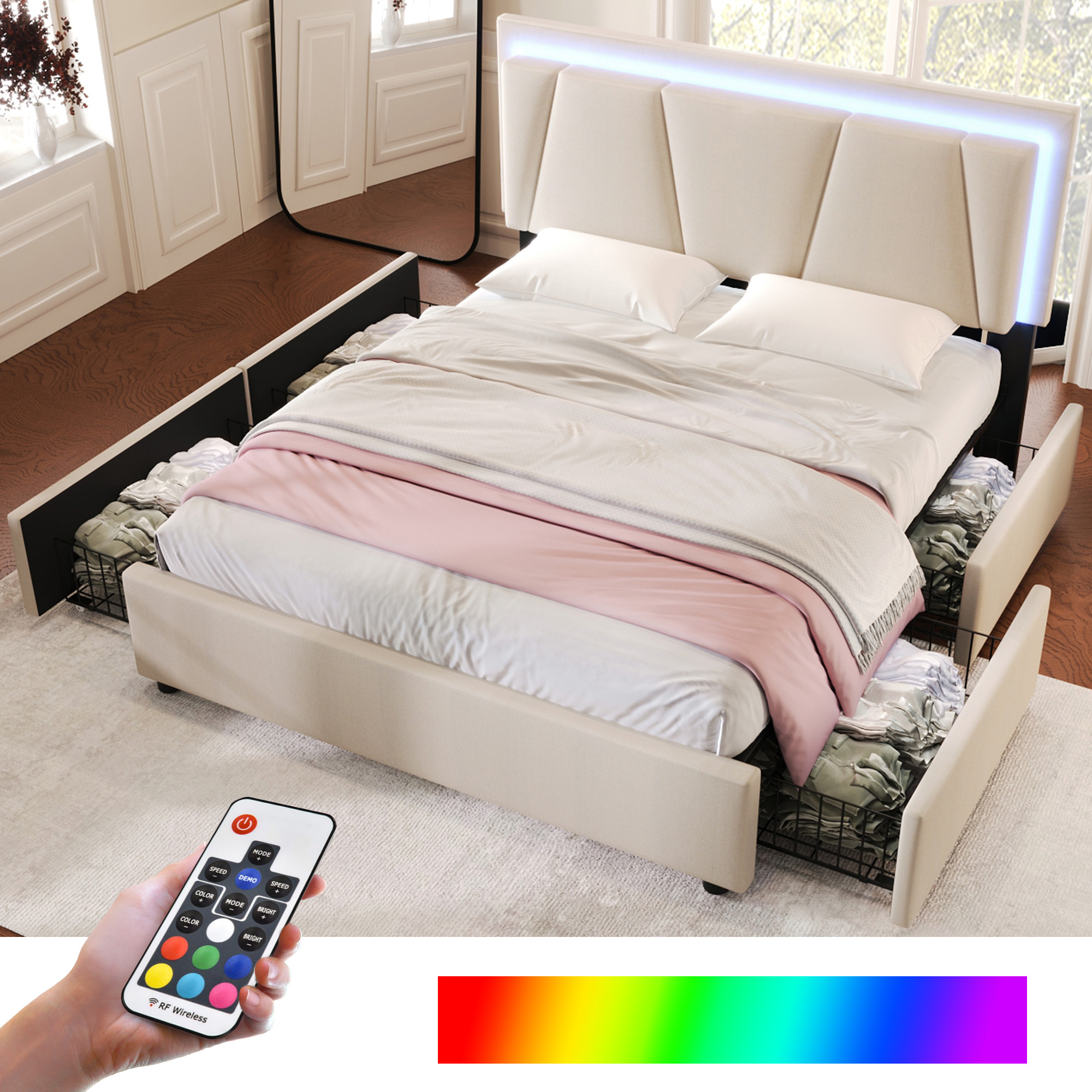 Lit double rembourré 140x200 avec LED et télécommande, 4 grands tiroirs de rangement sous le lit et sommier à lattes