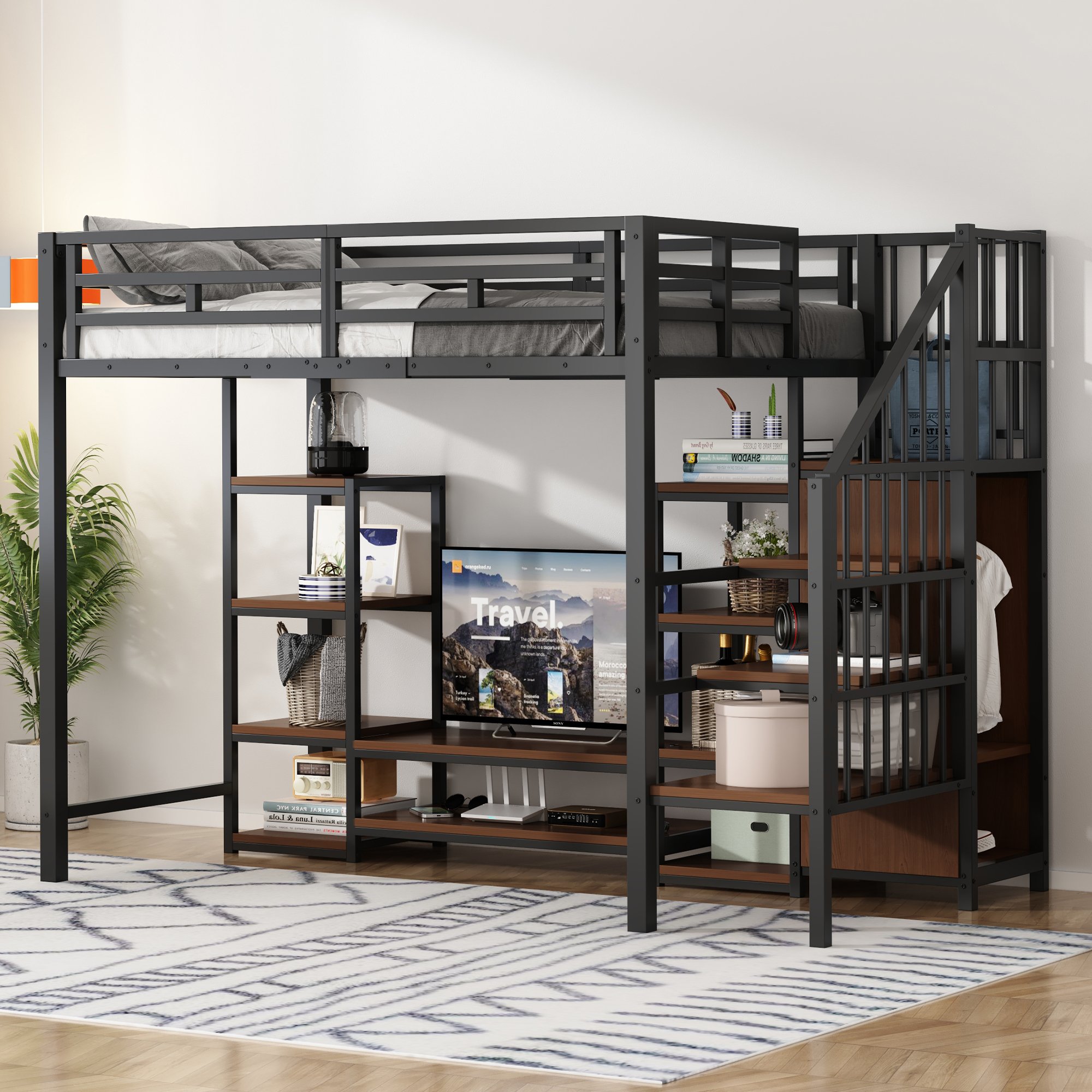 Lit mezzanine 90x200 noir métal et bois avec support TV, prise et échelle de rangement