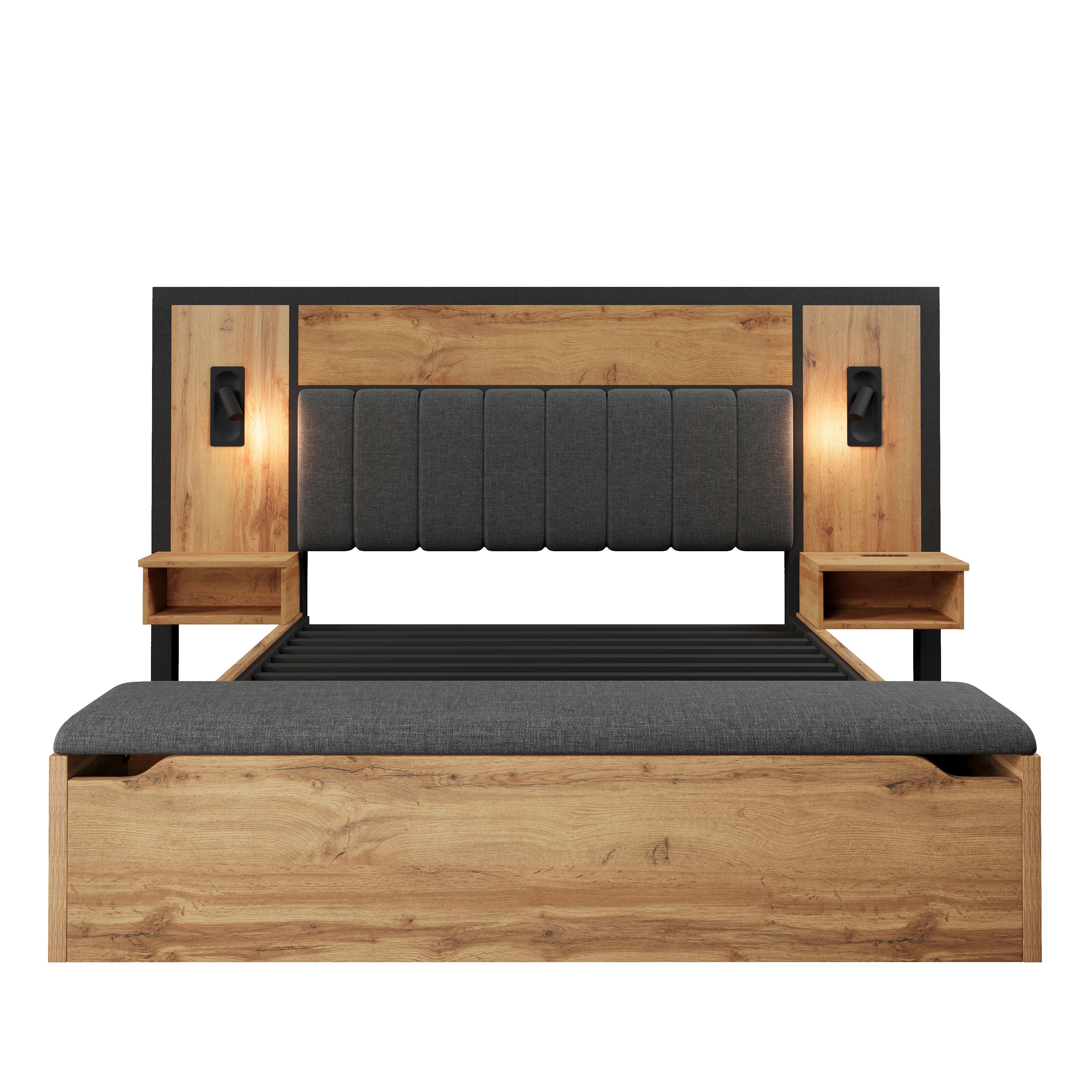 lit double 160x200 avec matelas et sommier, lit coffre rangement hydraulique, LED tactile et USB Type-C, structure chêne et métal