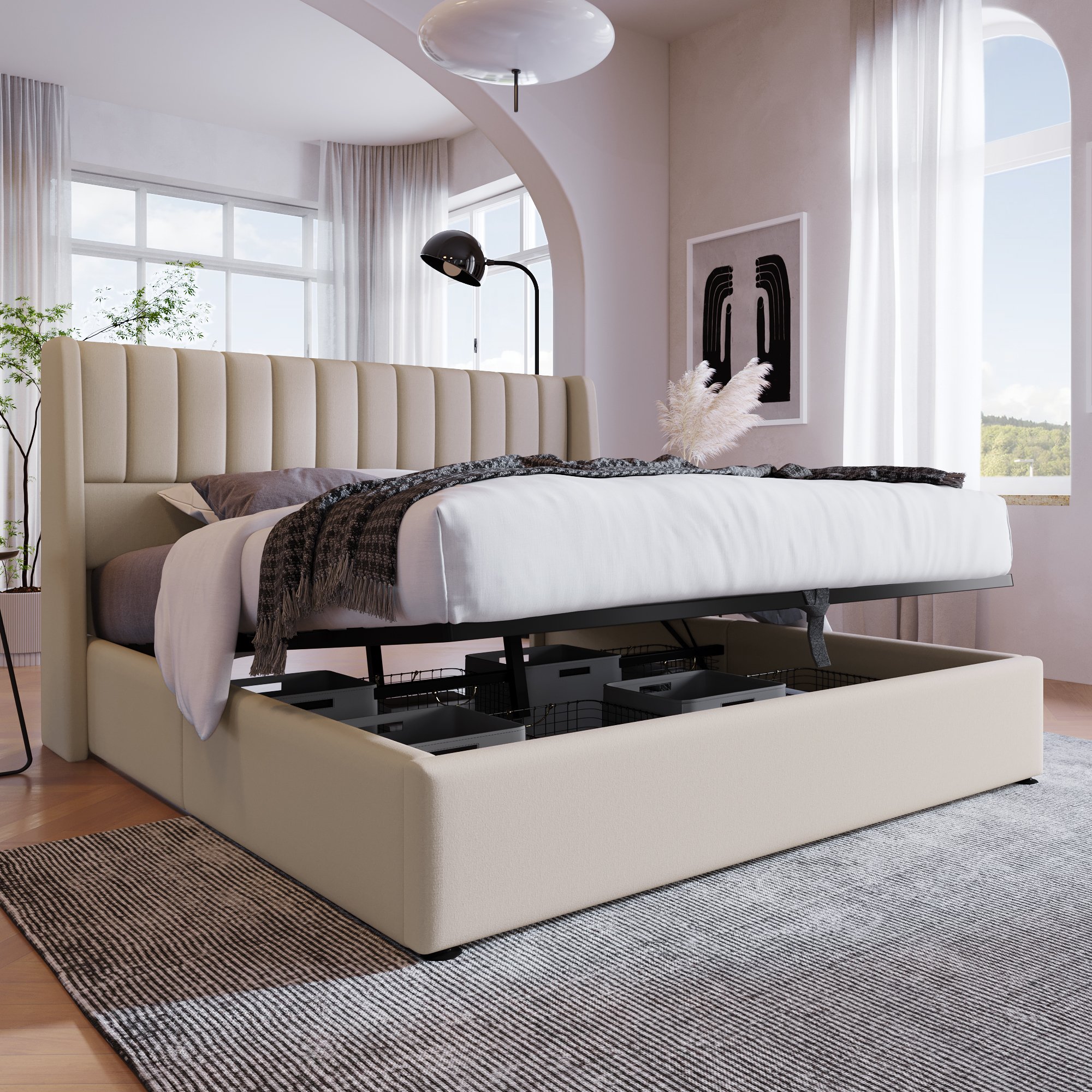 lit coffre 160x200 beige moderne avec rangement hydraulique sous sommier à lattes et tête de lit rembourrée