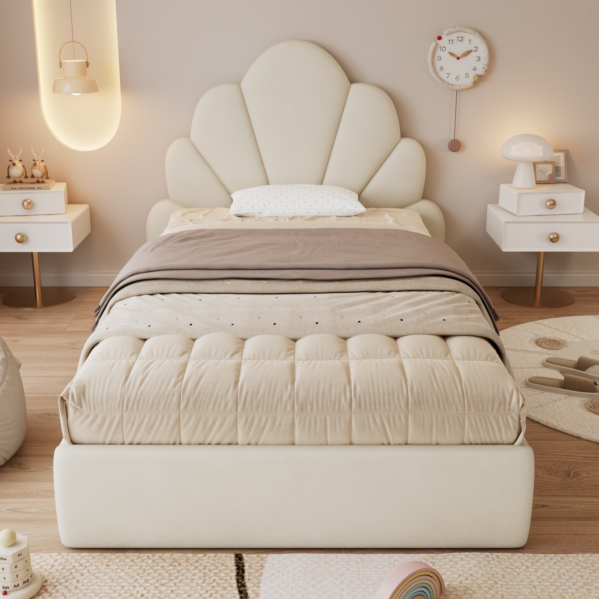 Lit rembourré 90x200 cm en velours beige avec tête de lit en forme de pétales et sommier à lattes