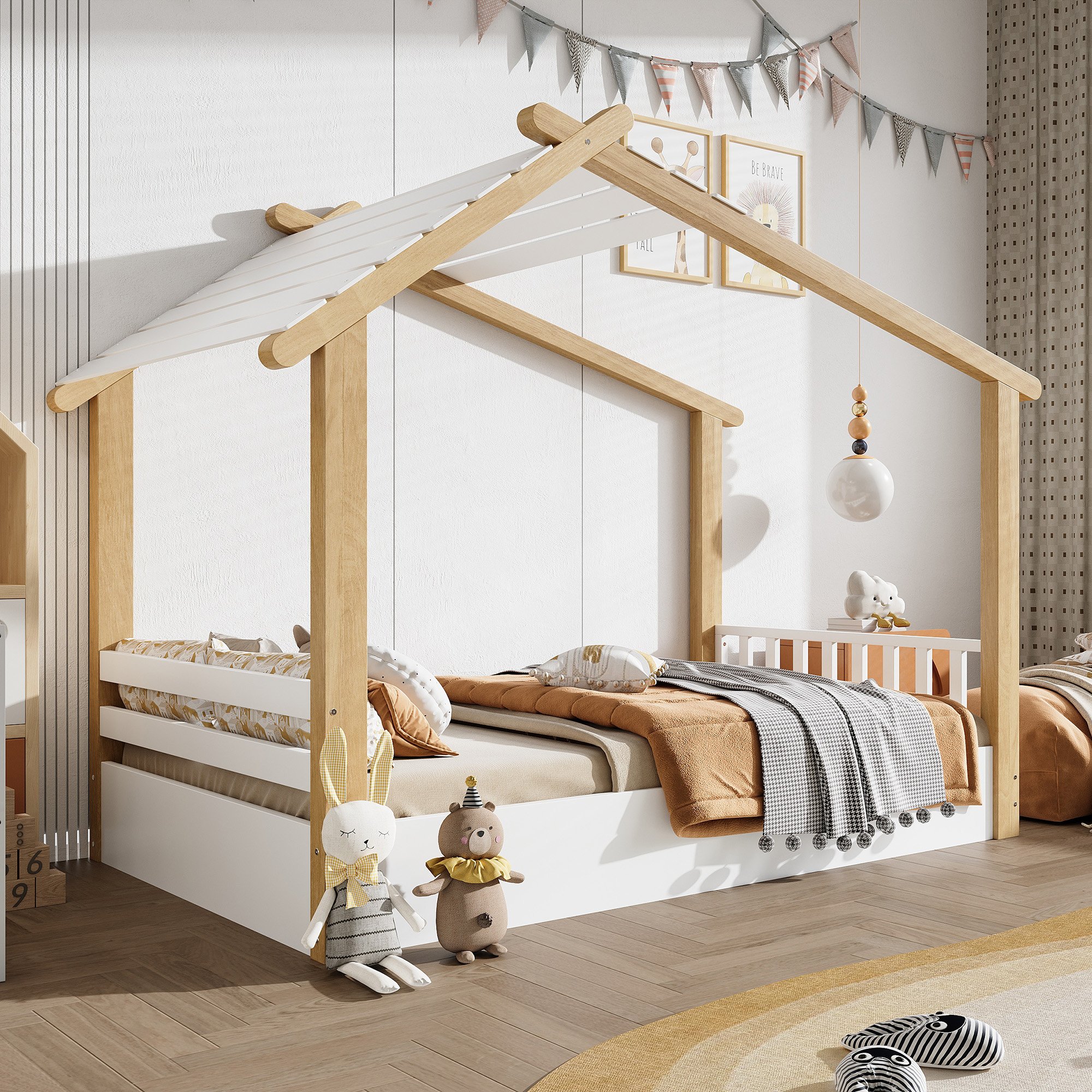 Lit enfant 90x200 avec tête de lit en forme de maison, en pin et Panneau composite de fibres de bois à densité, blanc et naturel, à monter soi-même