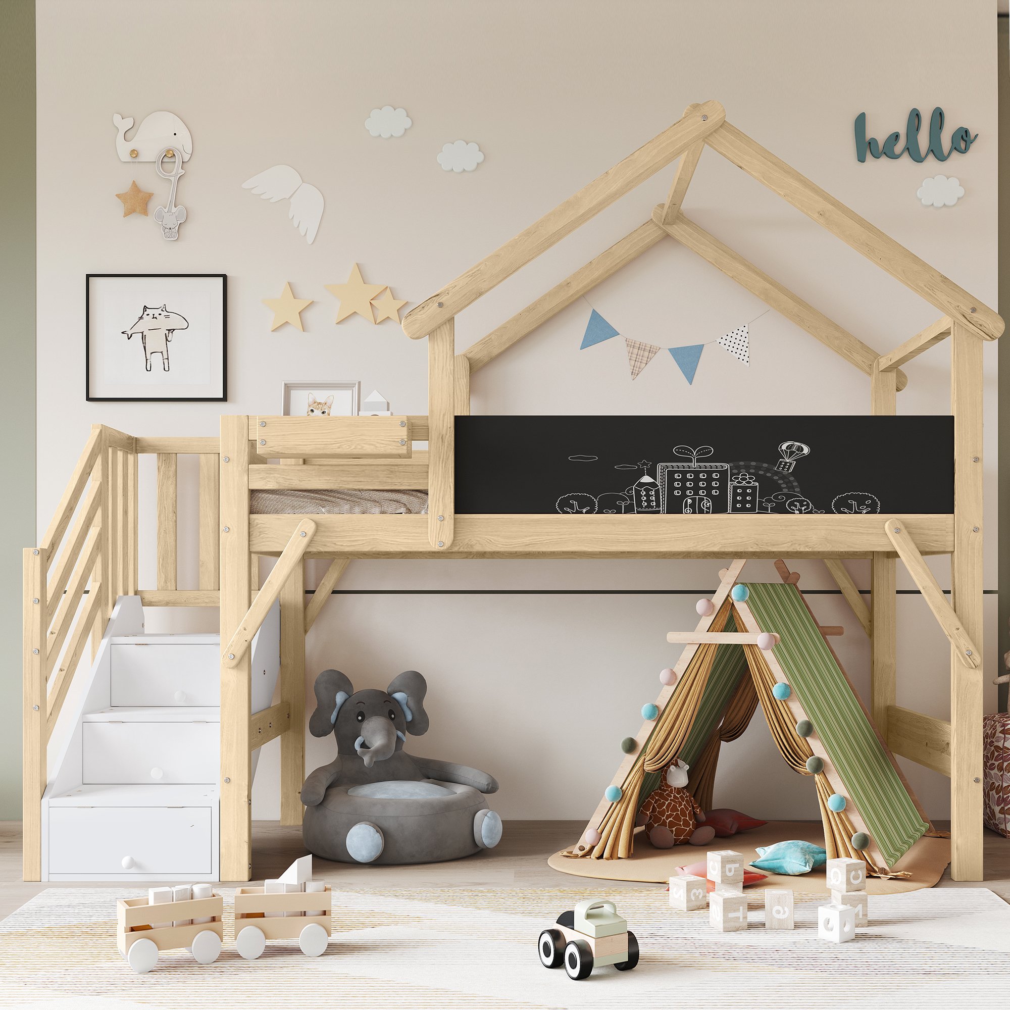 Lit superposé 90x200 en bois blanc et naturel avec rangements, tableau ardoise et protection anti-chute