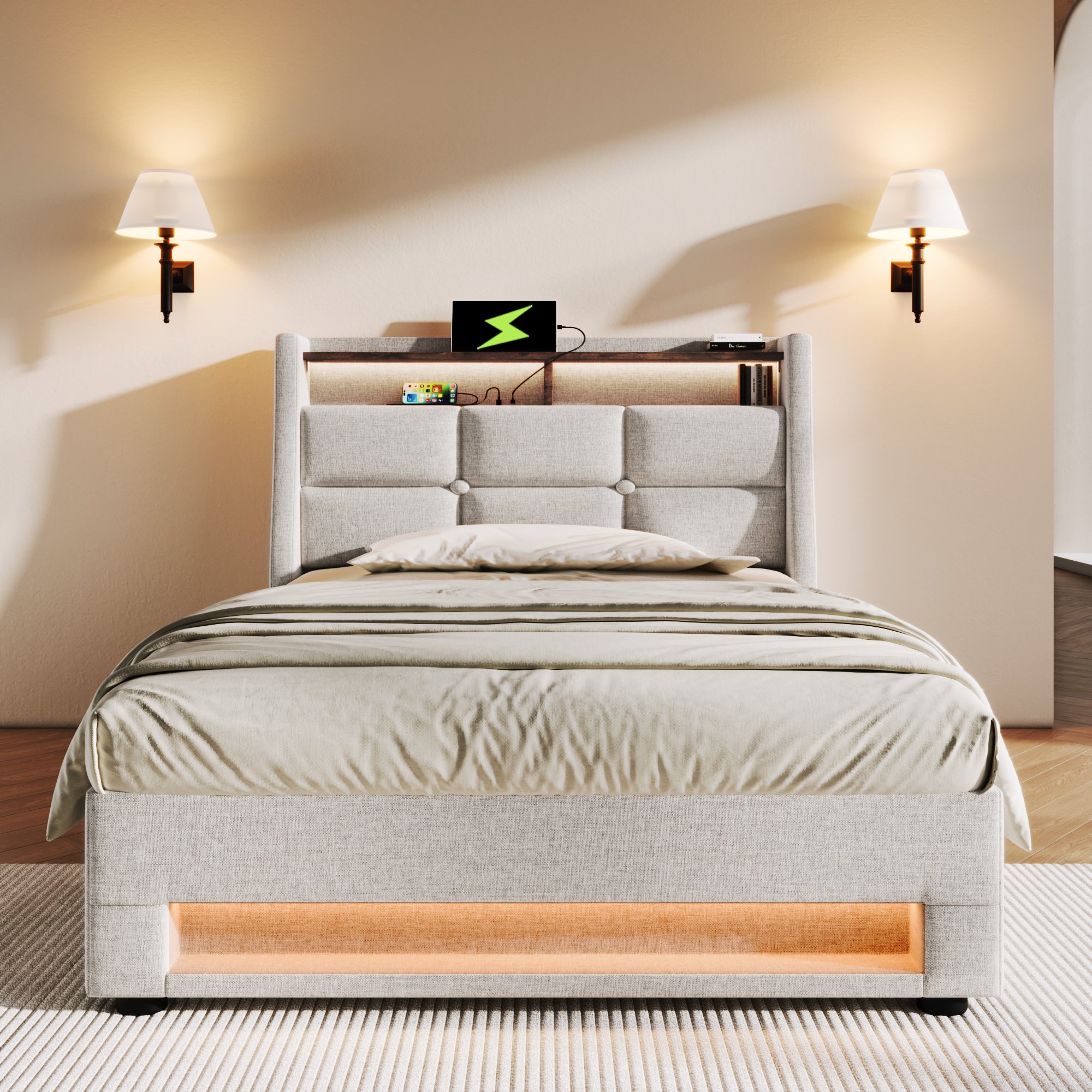 Lit LED 90x200 avec matelas, sommier à lattes, rangement coffre hydraulique et USB, tête de lit rembourrée beige en tissu lin