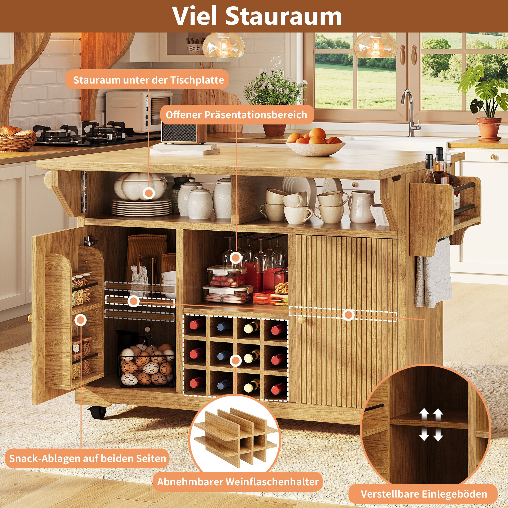 Îlot de cuisine 142,5x80x95 cm avec rangement, étagères réglables, porte-bouteilles et plan de travail extensible, sur roulettes