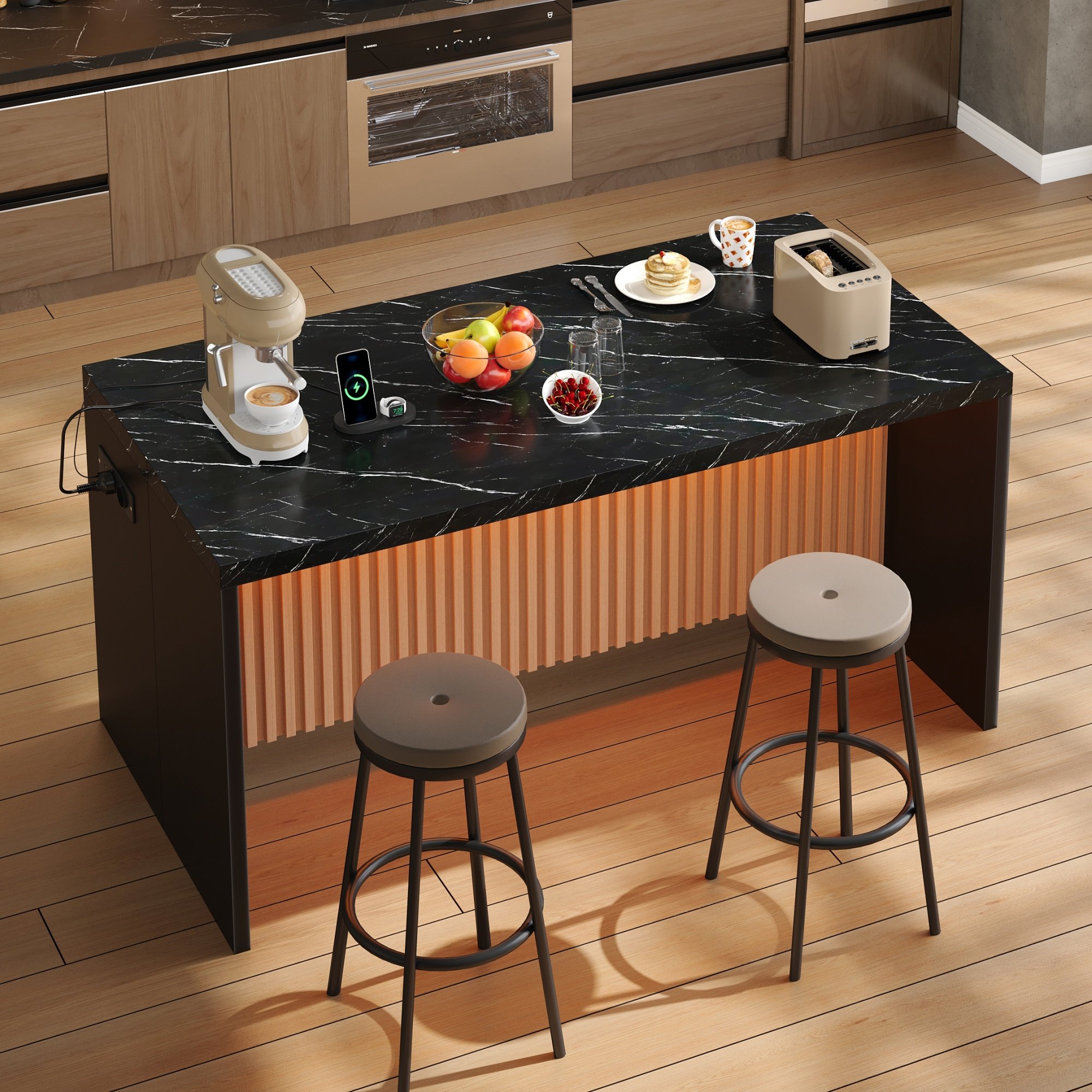 Îlot de cuisine avec éclairage LED, prises intégrées et ports USB, plan de travail 40 mm, rangement, 155x80x90 cm