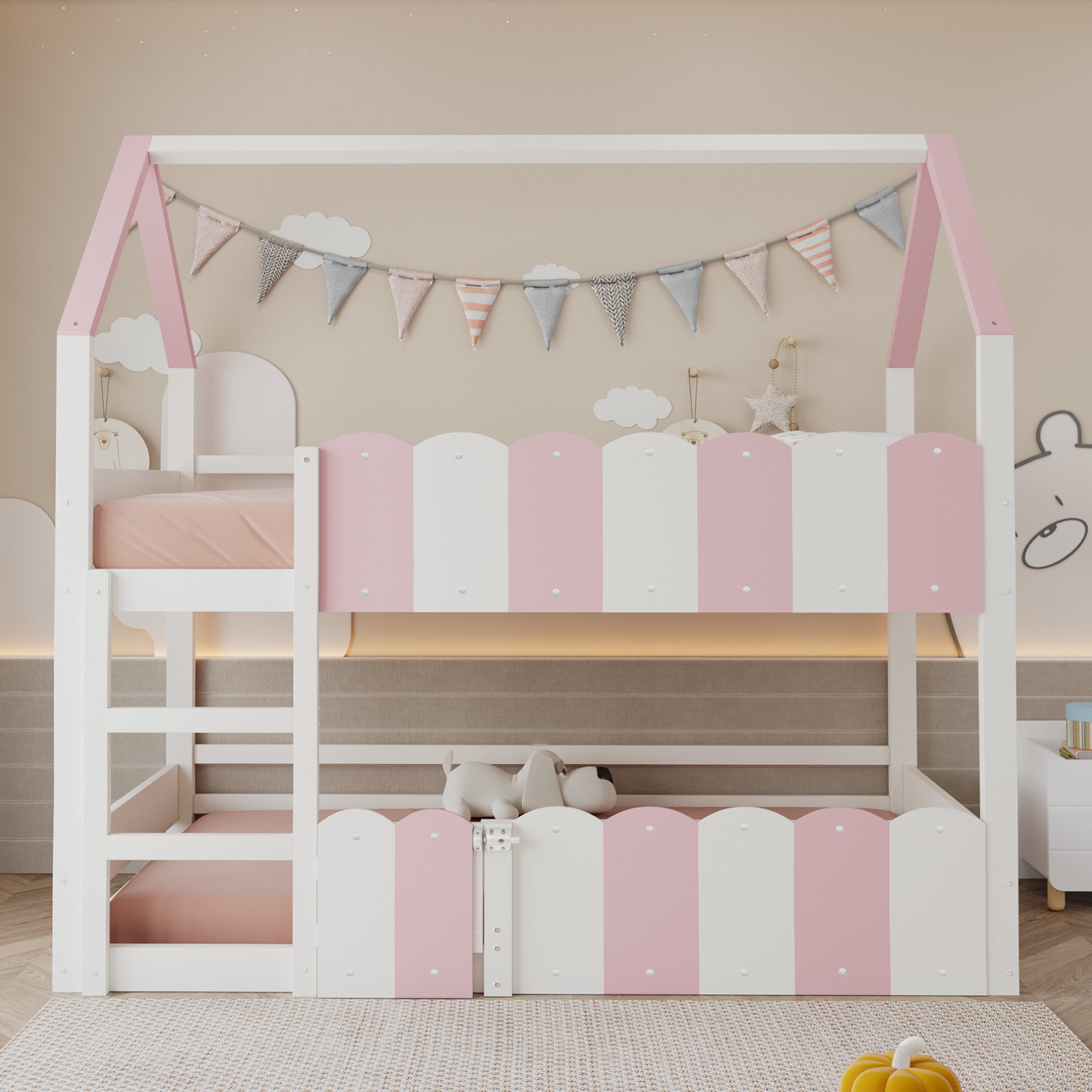 Lit superposé enfant 90x200 cm en bois avec échelle et sécurité, design maison, blanc et rose