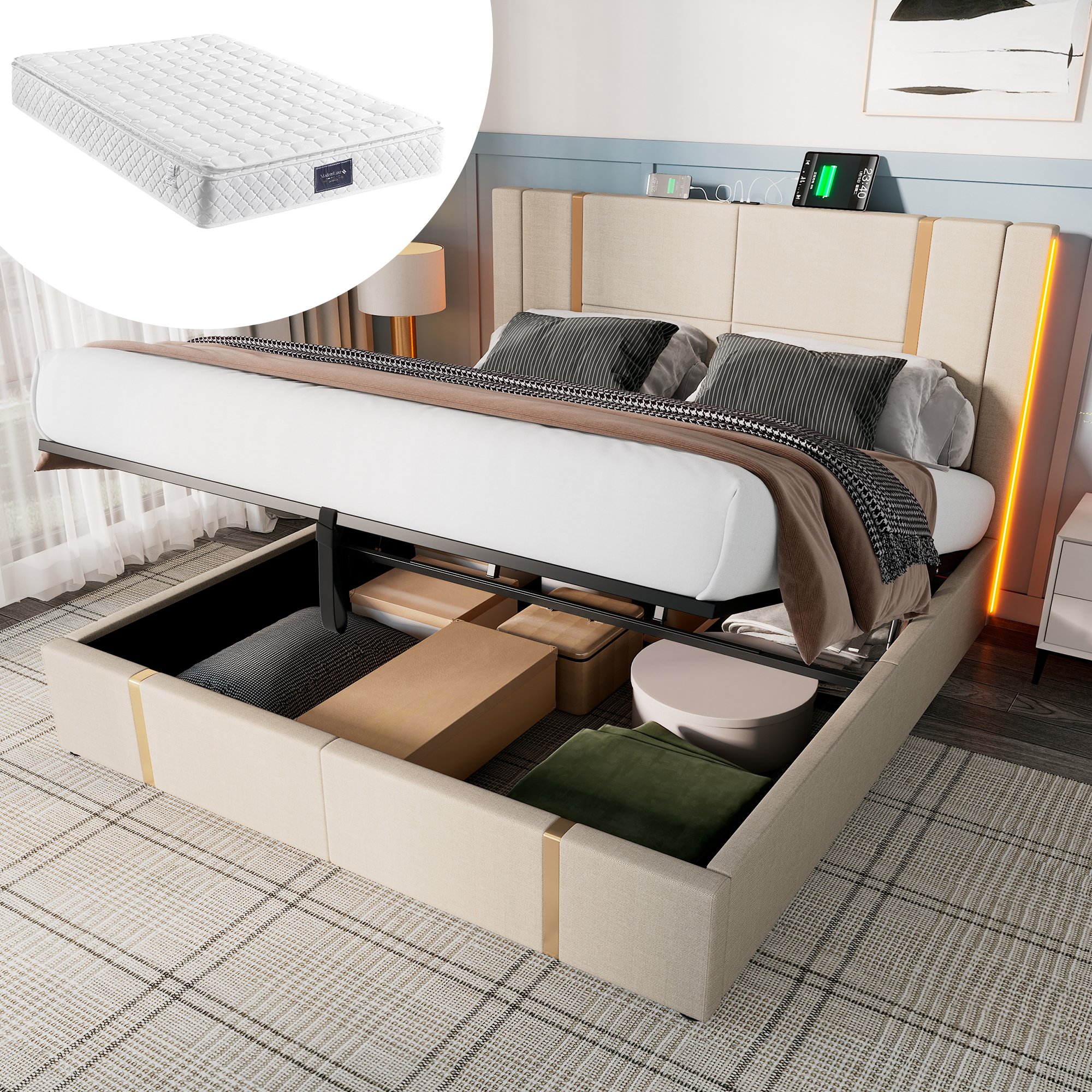 Lit double rembourré 140x200 avec sommier à lattes et matelas, LED RGB, USB Type-C, rangement hydraulique beige en lin
