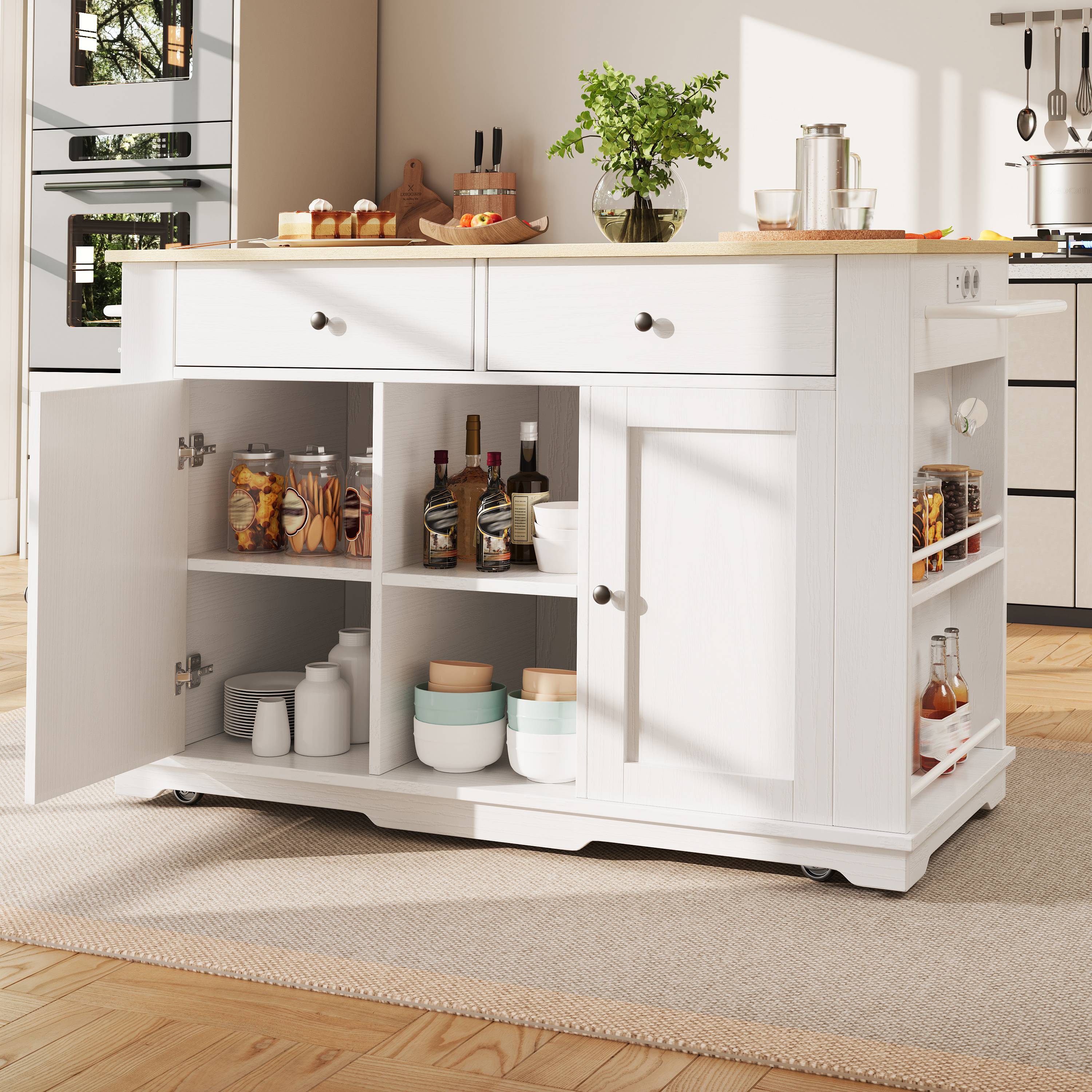 Îlot de cuisine avec rangement et prises électriques, blanc et bois, sur roulettes, plan de travail extensible, 151,5 cm