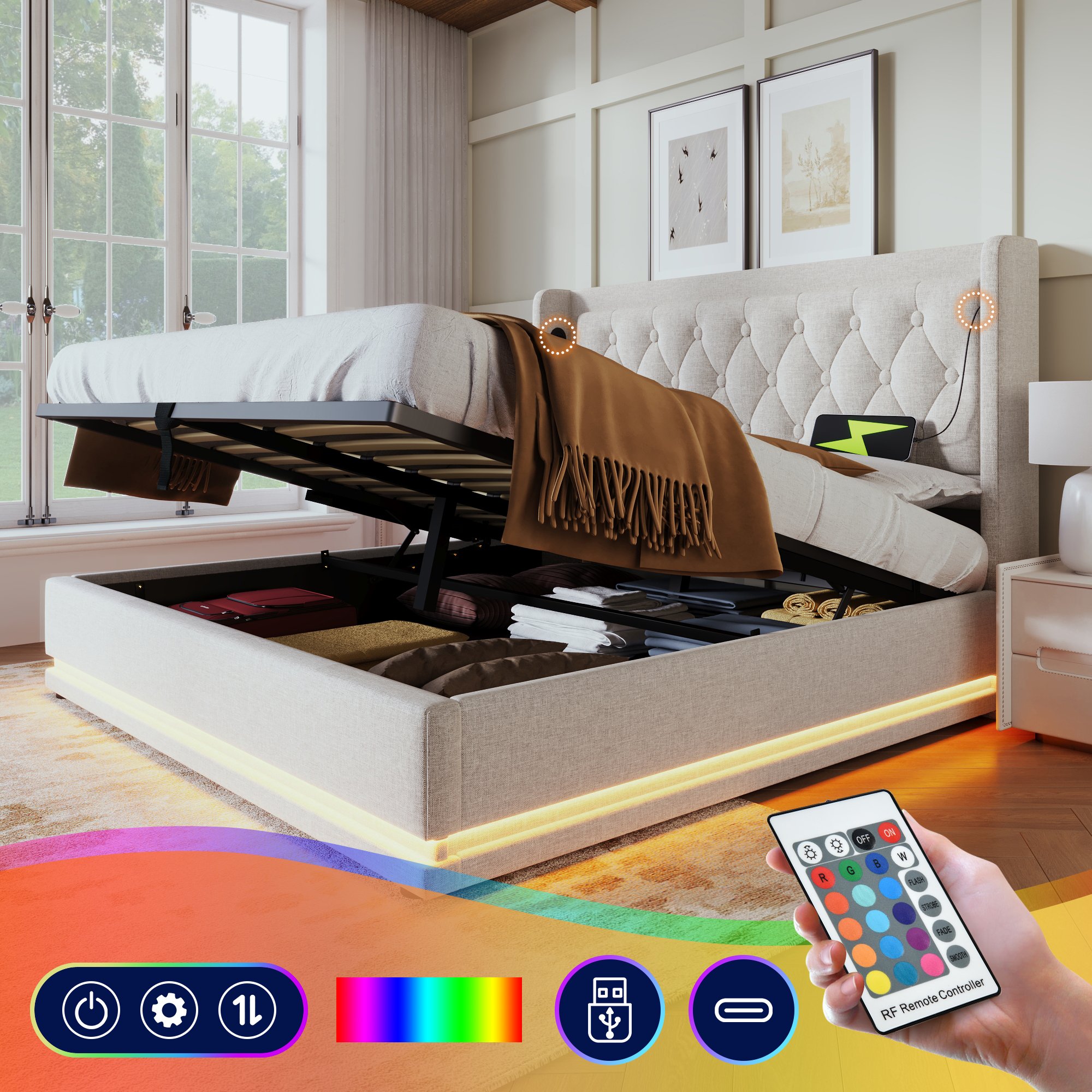 Lit coffre double 160x200 beige, rangement hydraulique, LED 3 côtés, USB Type-C, tête de lit capitonnée, sans matelas