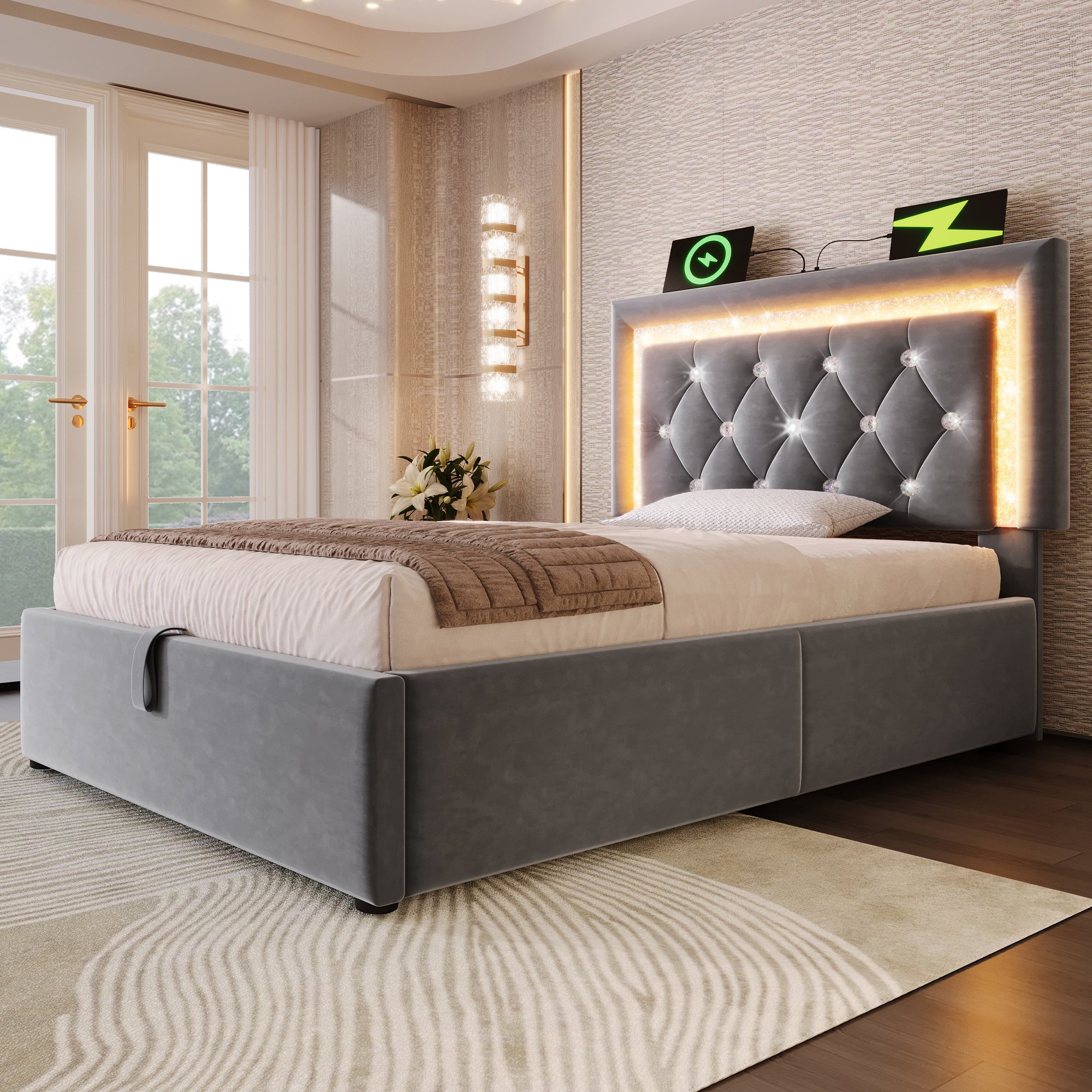 Lit coffre 90x200 avec matelas et LED, lit adolescent velours gris avec ports USB et stockage hydraulique
