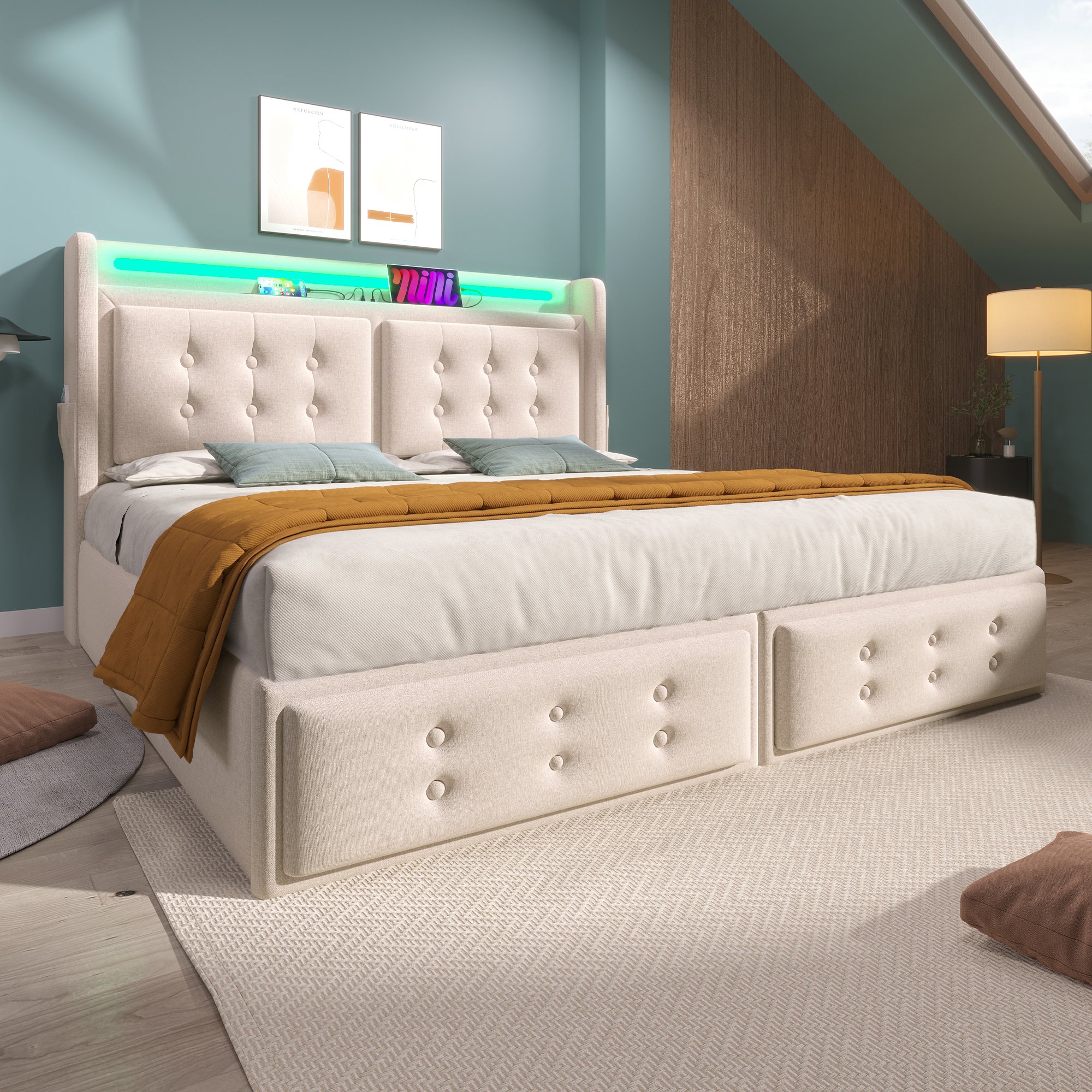 lit coffre 160x200 en tissu coton lin beige avec cadre métallique et bois, rangement sous matelas et tête de lit rembourrée