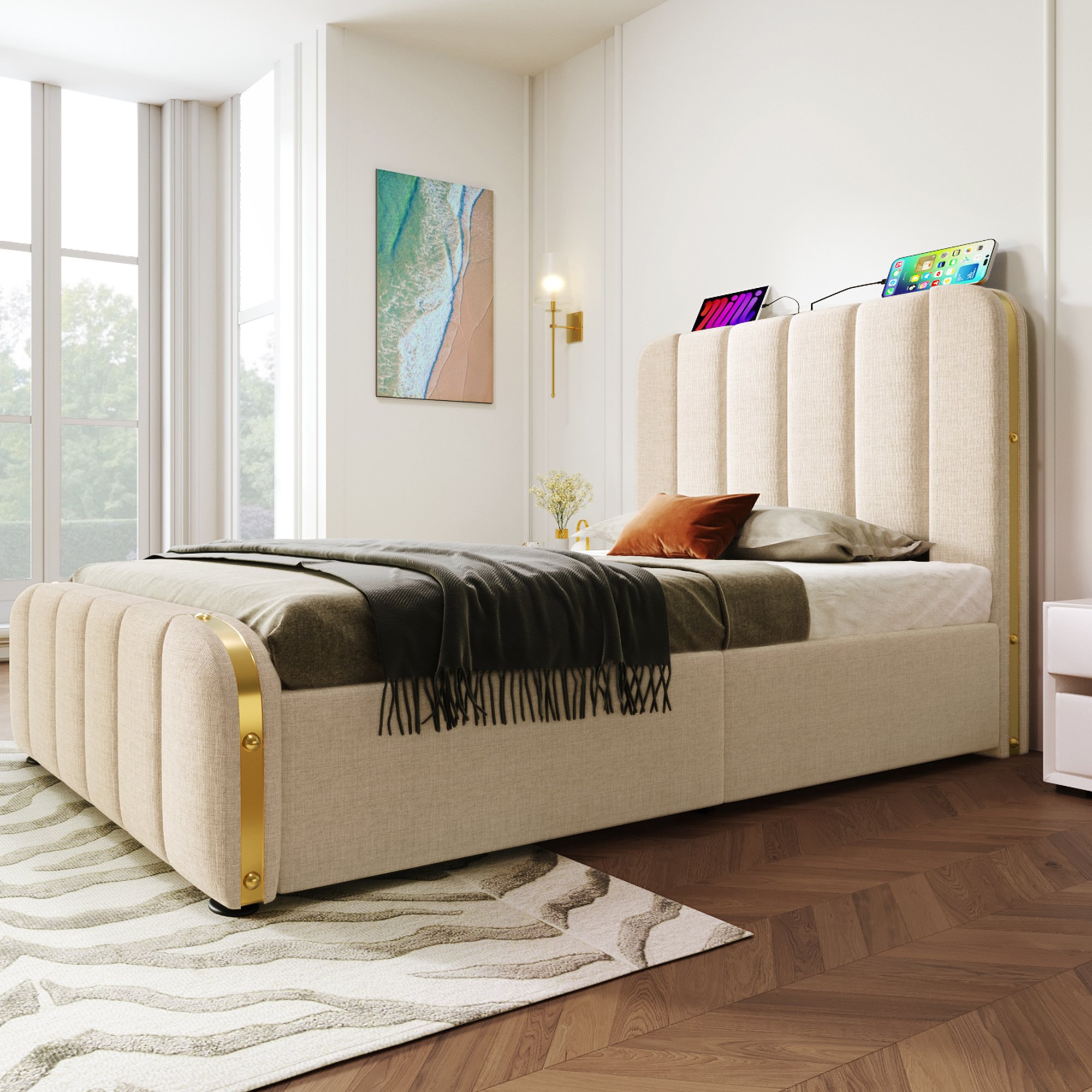 lit coffre 90x200 beige en tissu lin avec 4 tiroirs, sommier à lattes, ports USB Type-C et tête de lit rembourrée