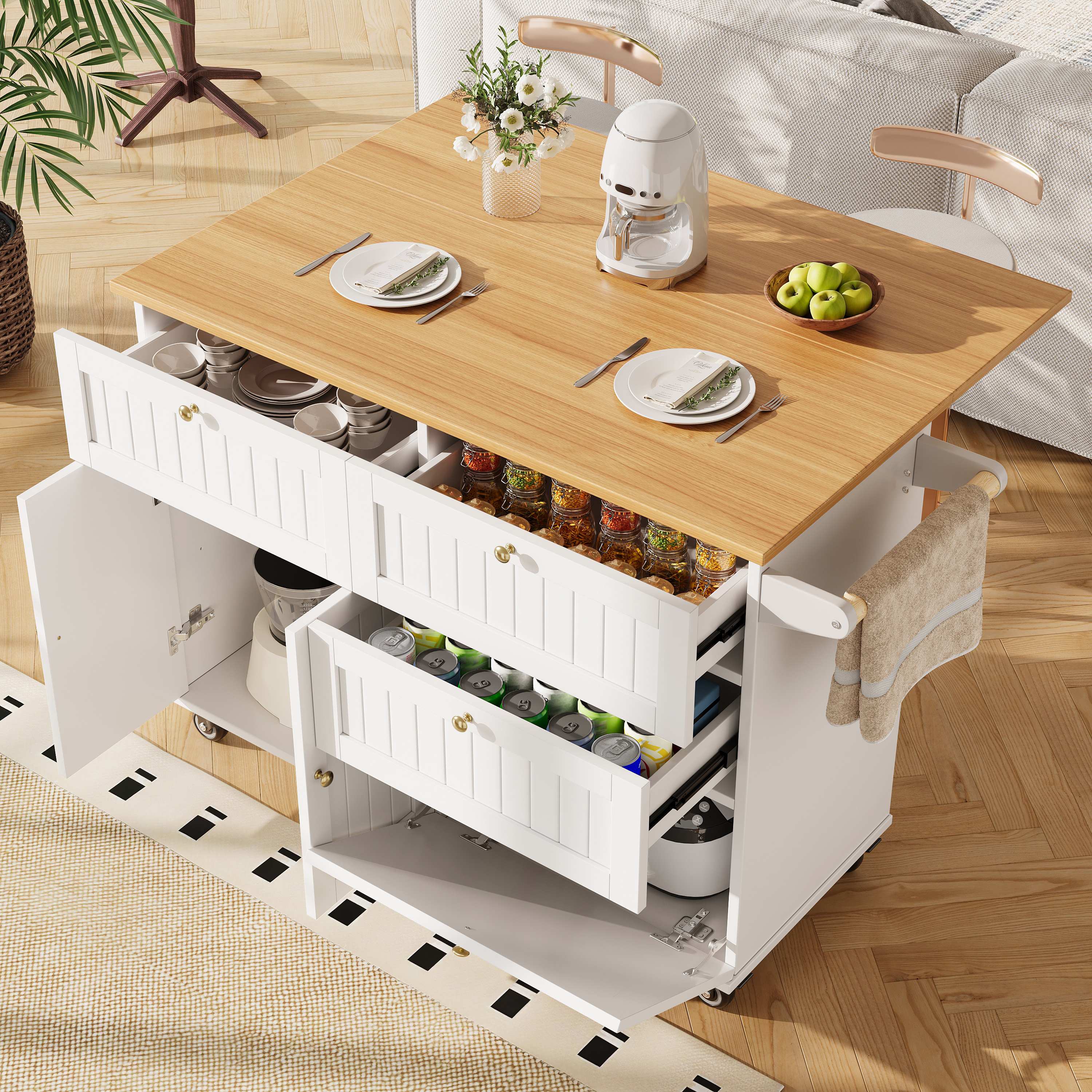 Îlot de cuisine blanc avec rangement, plan de travail en Panneau composite de fibres de bois à densité, portes 3D, roulettes et pieds réglables, 133x70x88 cm