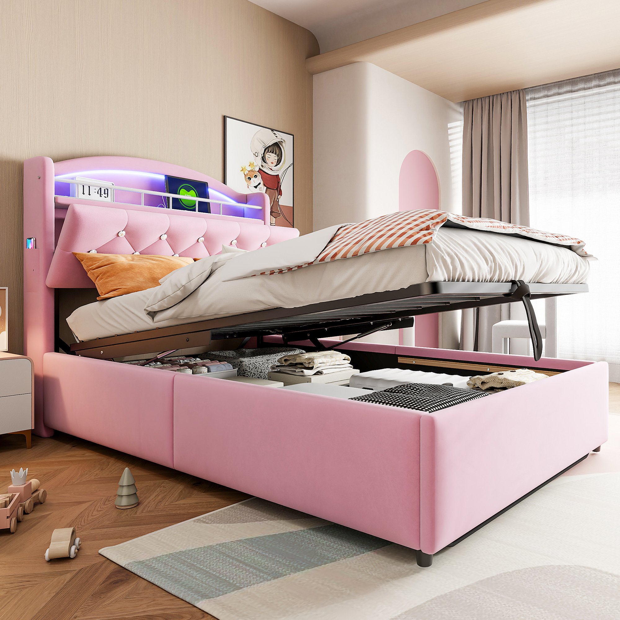 Lit coffre 90x200 en velours rose, structure métallique et sommier à lattes, avec rangement