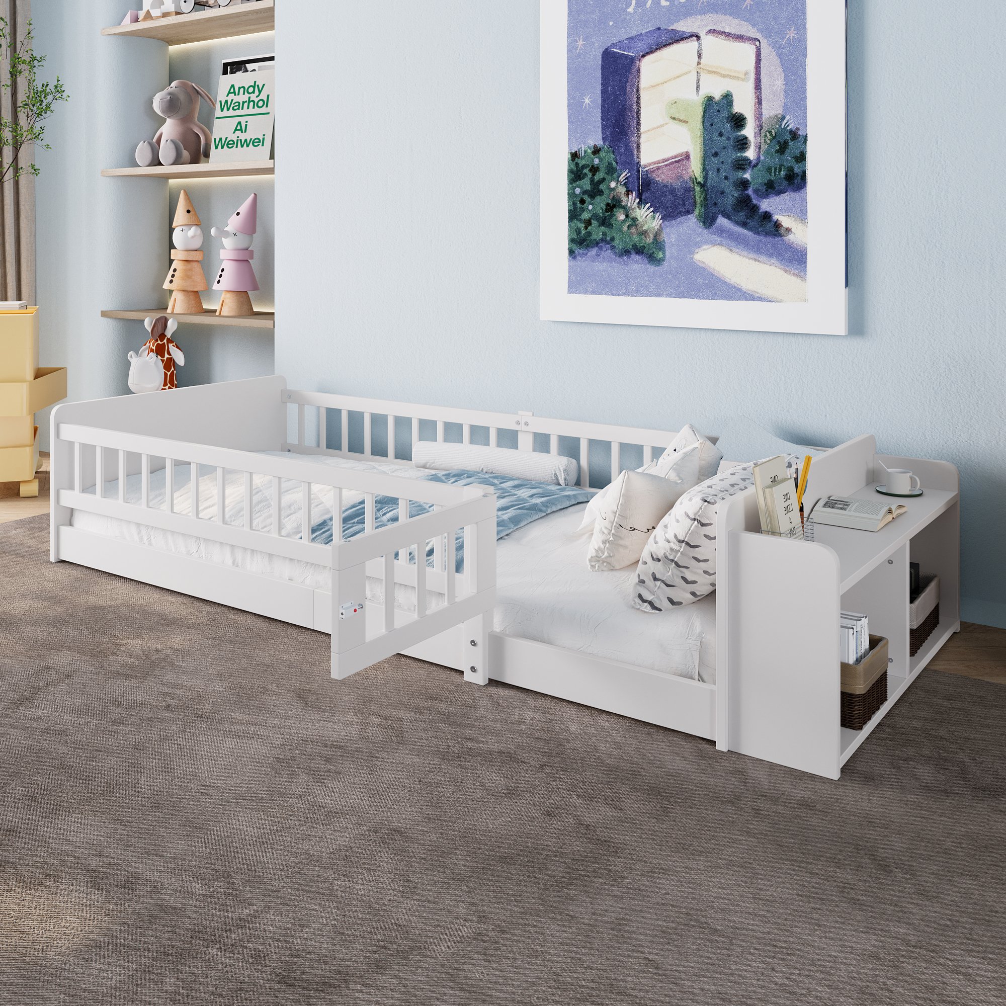 Lit enfant 90x200 en pin blanc avec rangement ouvert et étagères, sans matelas