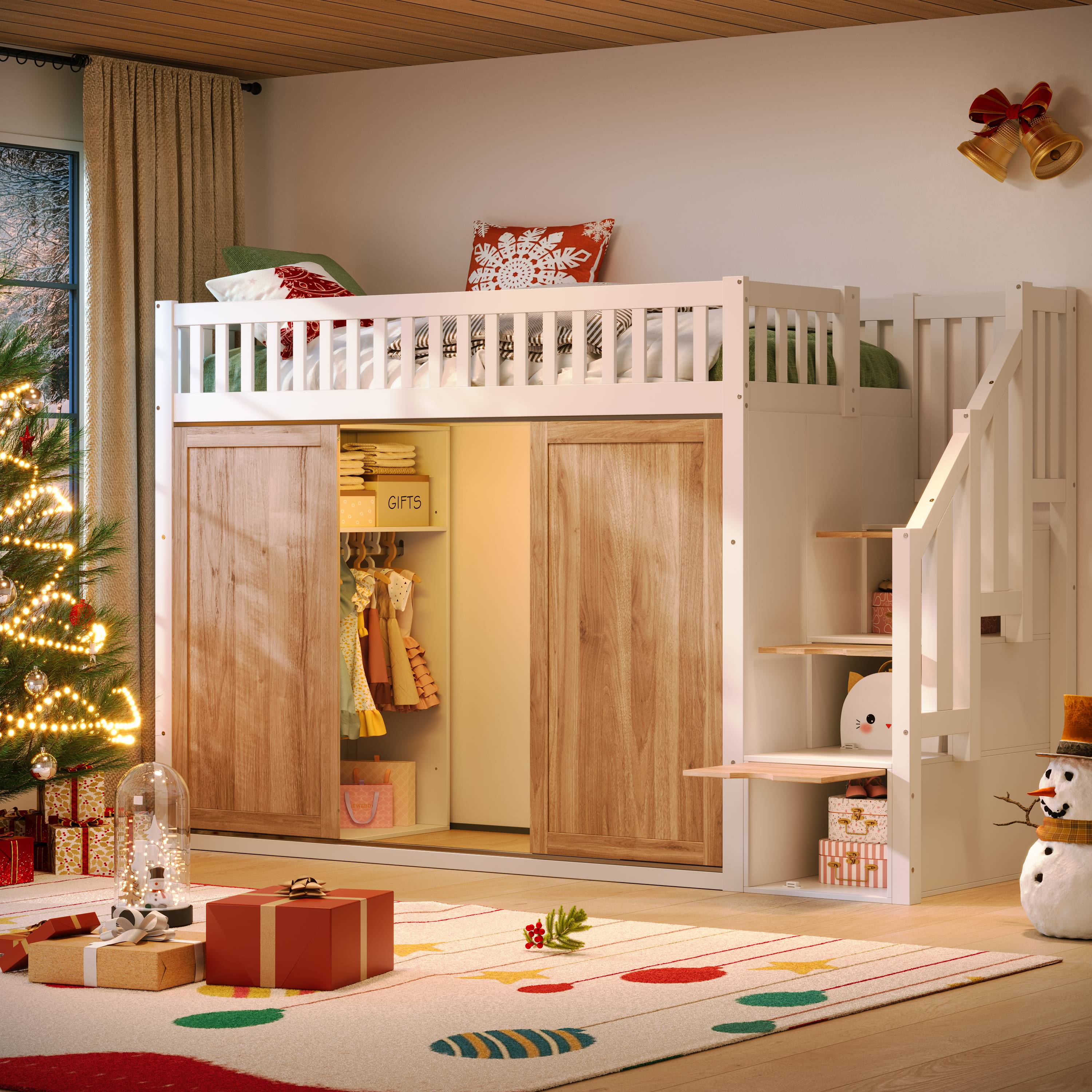 Lit mezzanine enfant multifonction avec grand dressing et escalier de rangement, structure robuste pour chambre d'enfant