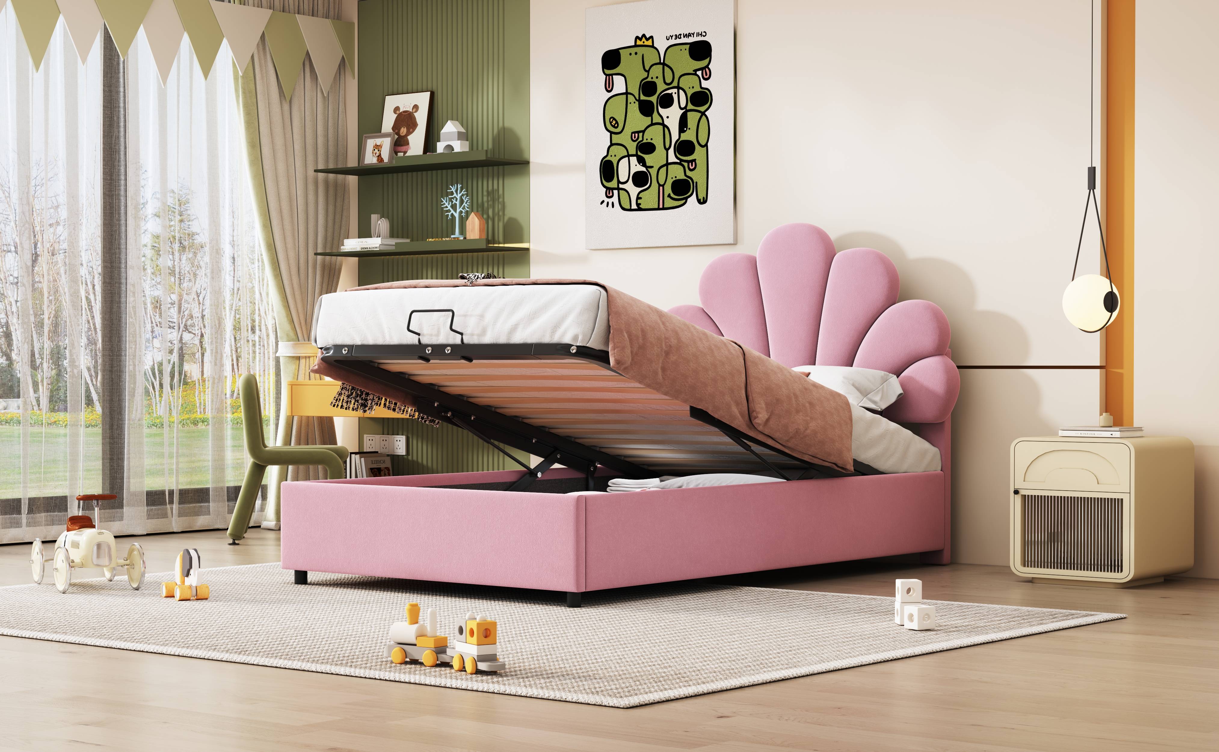 Lit coffre 90x200 en velours rose avec tête de lit fleurie et rangement hydraulique