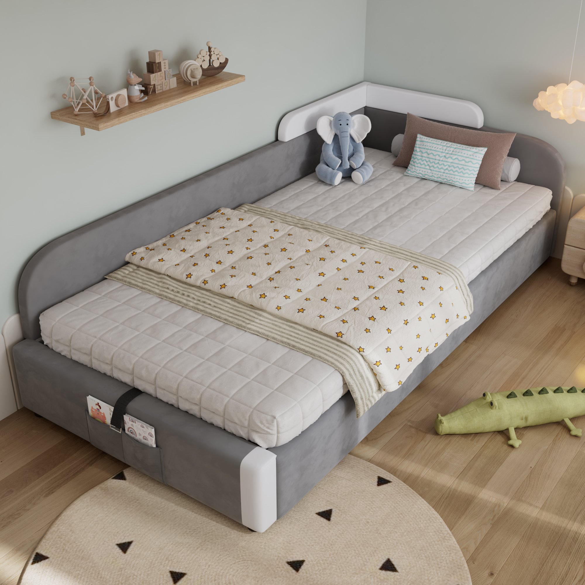 Lit coffre 90x200 cm avec rangement hydraulique et barrière de sécurité, velours gris