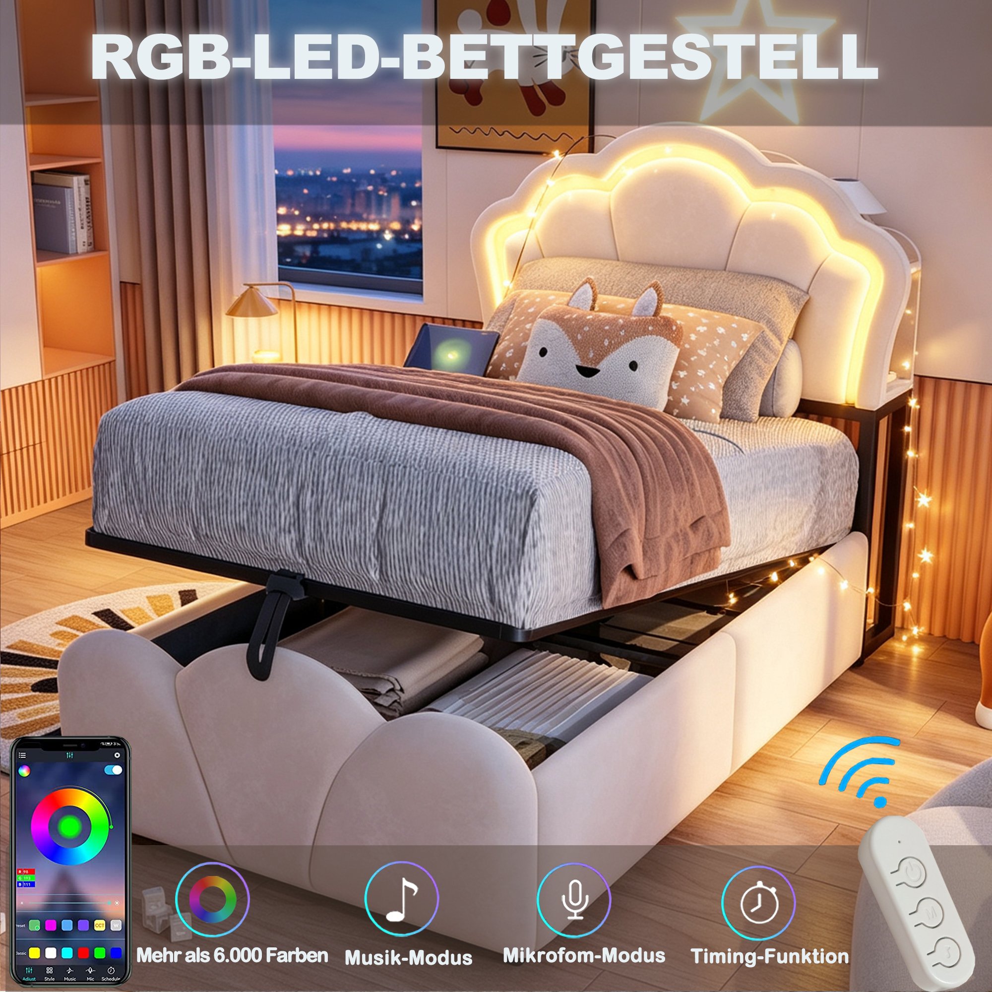 Lit coffre 90x200 avec rangement hydraulique, LED, prises intégrées et tête de lit rangement
