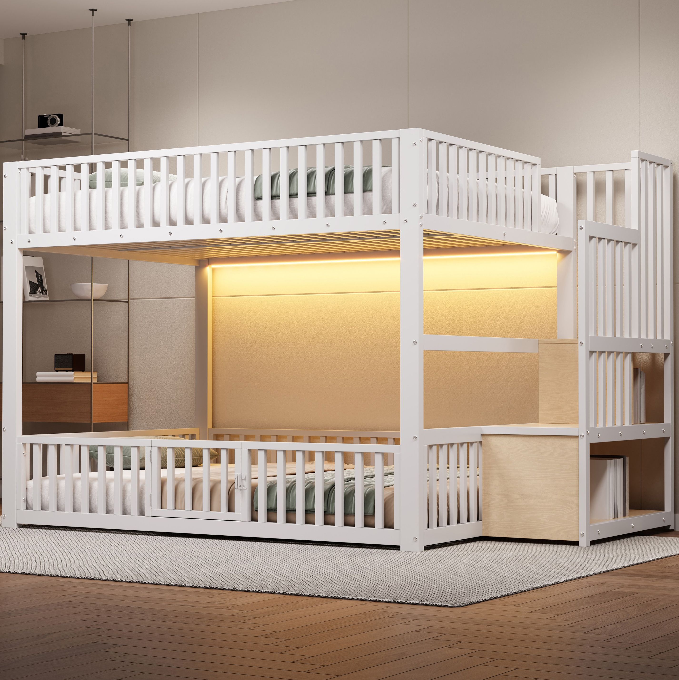 Lit superposé avec échelle de rangement et LED, 140x200, blanc