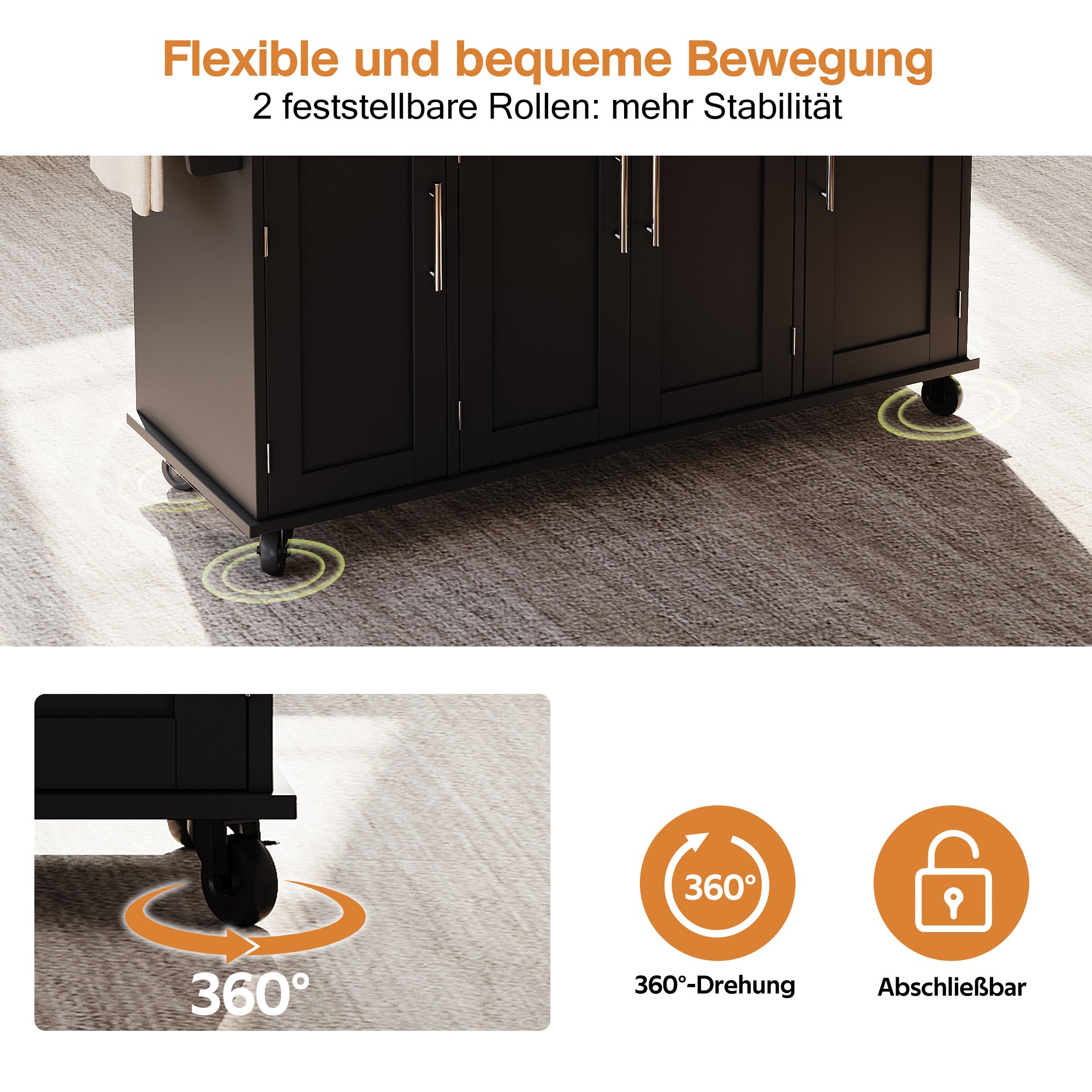 Îlot de cuisine mobile avec plan de travail extensible, rangement spacieux, tiroir à couverts et porte-serviettes, noir et bois