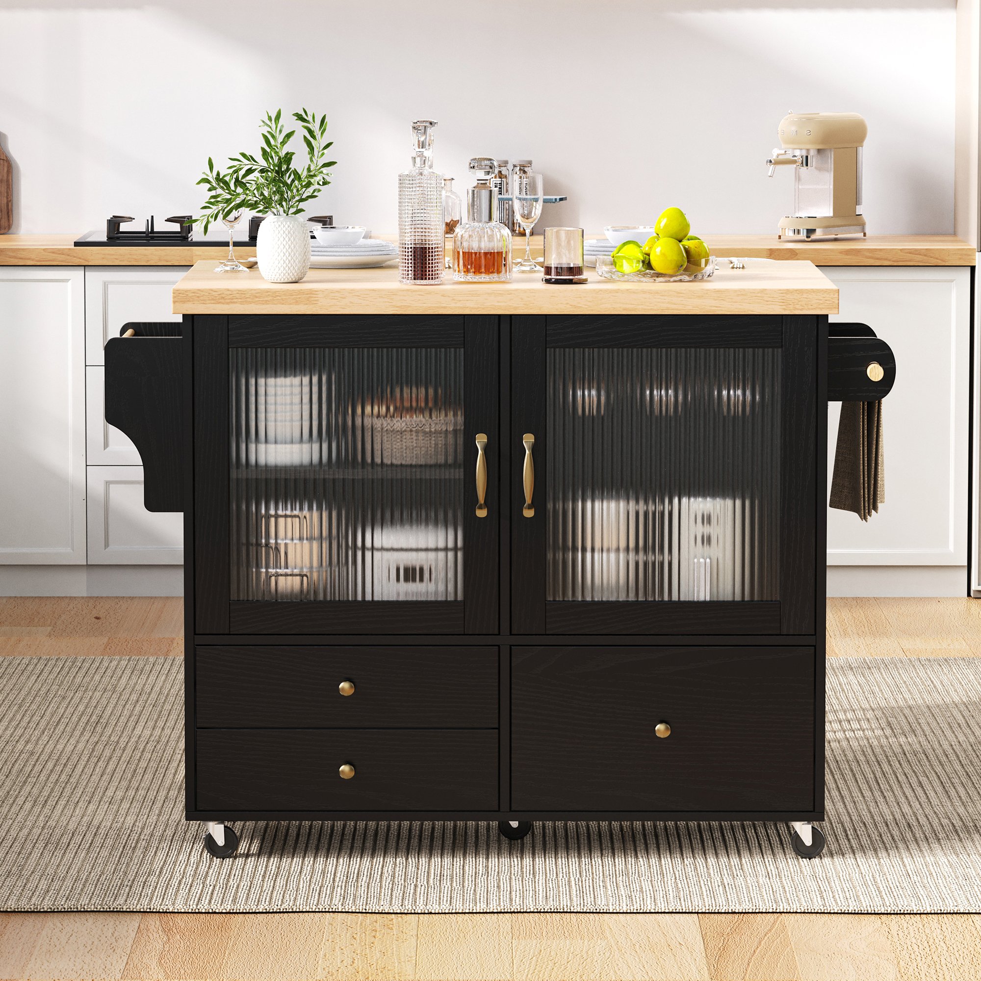 Îlot de cuisine roulant noir et bois, plan de travail extensible 100x42-70 cm, rangement avec porte-verres, tiroirs, pour cuisine et salle à manger