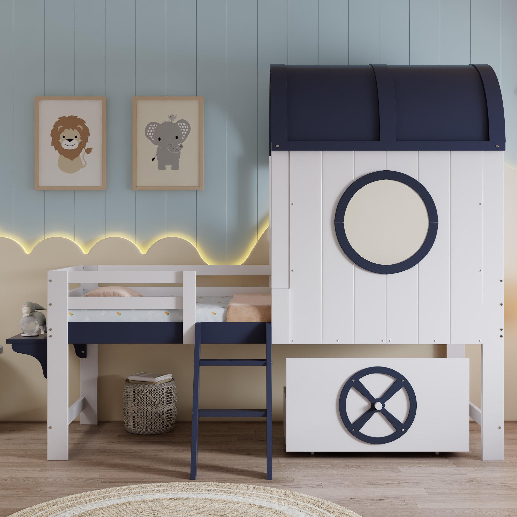 Lit superposé enfant 90x200 cm en bois blanc et bleu nuit avec tiroir et échelle inclinée