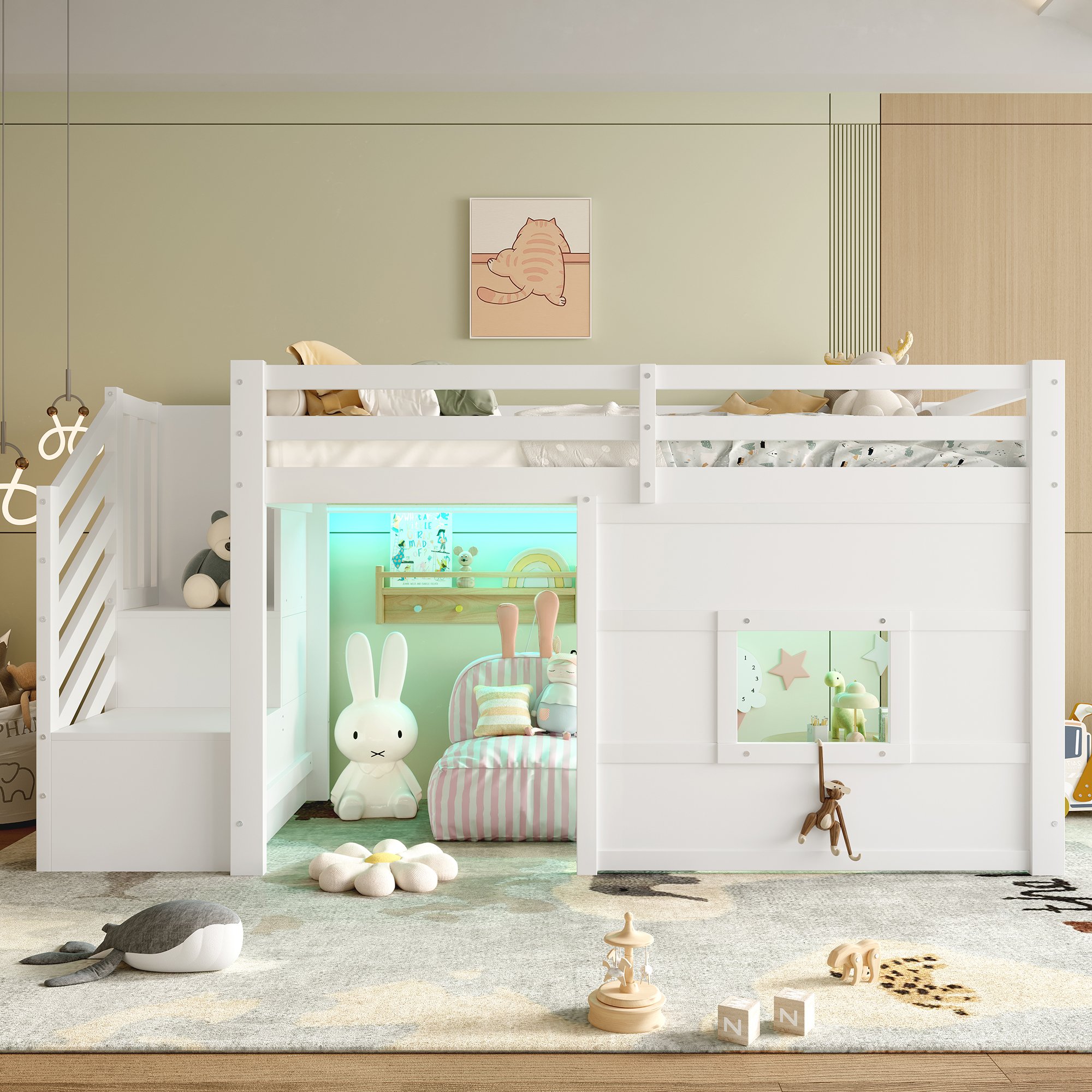 Lit mezzanine avec escalier de rangement, fenêtre et LED, couchage 90x200