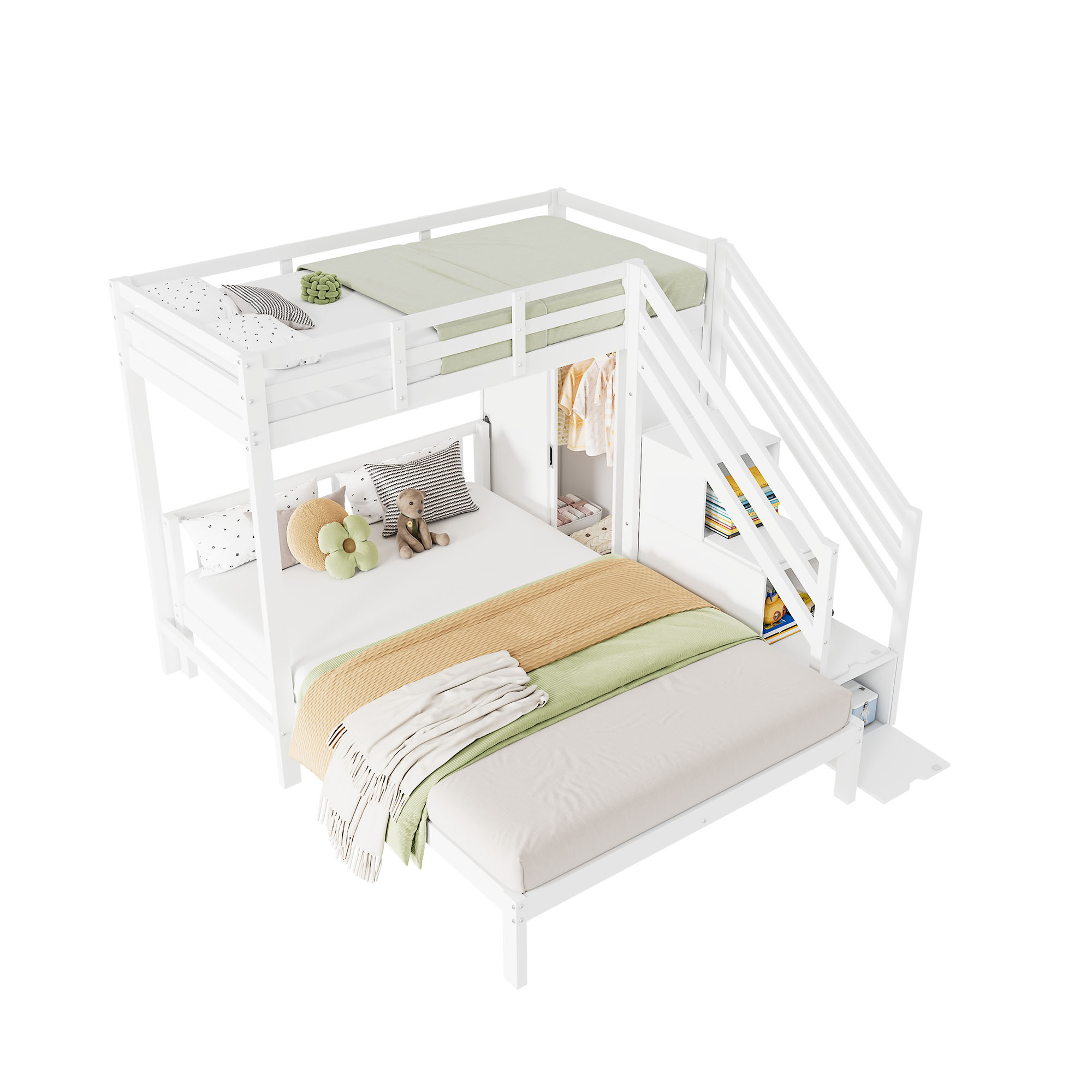 Lit superposé enfant blanc 90x200 et 140x200 cm en bois massif avec armoire, échelle de rangement et sommier à lattes