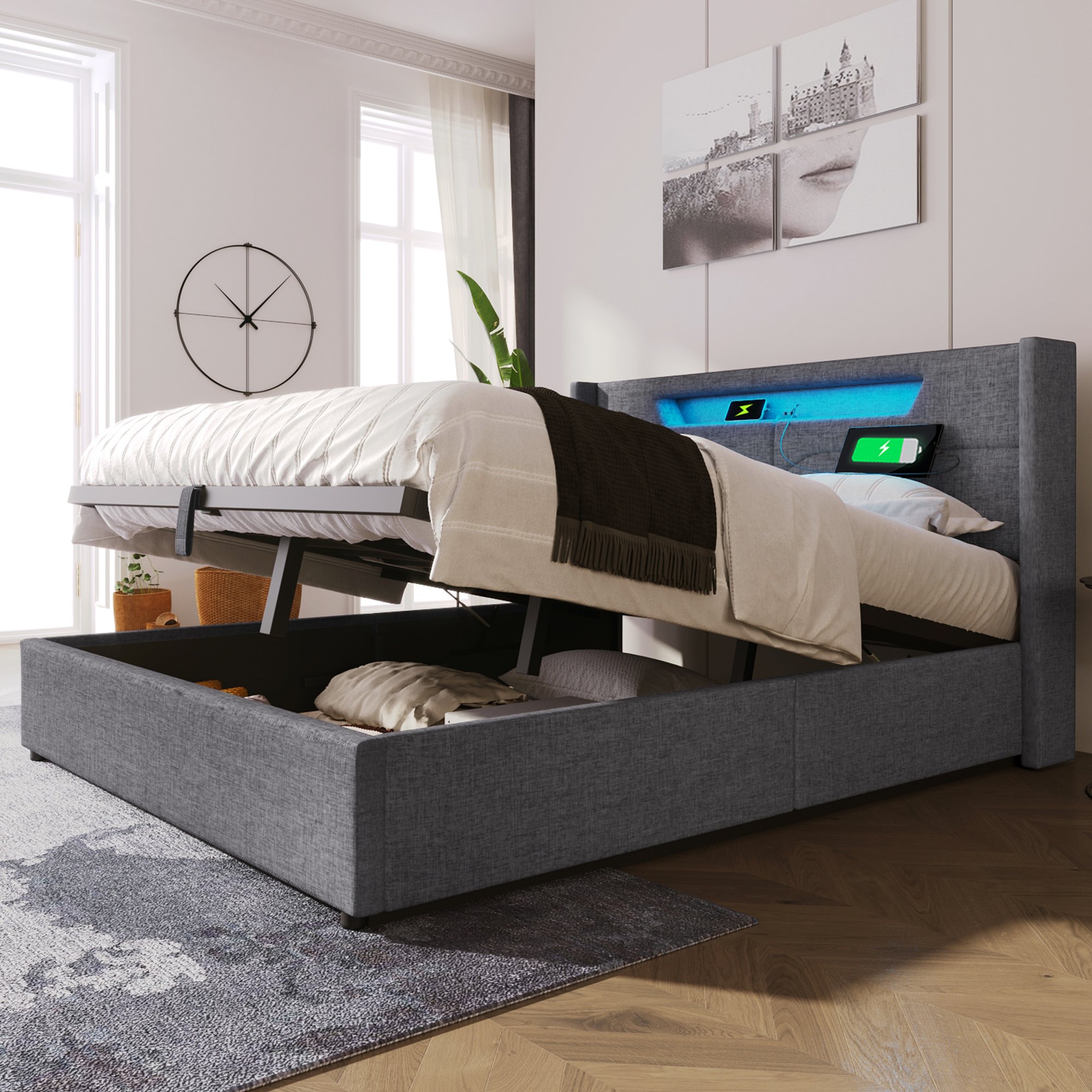 Lit double rembourré 140x200 avec sommier et matelas, coffre de rangement LED USB Type-C gris tissu lin