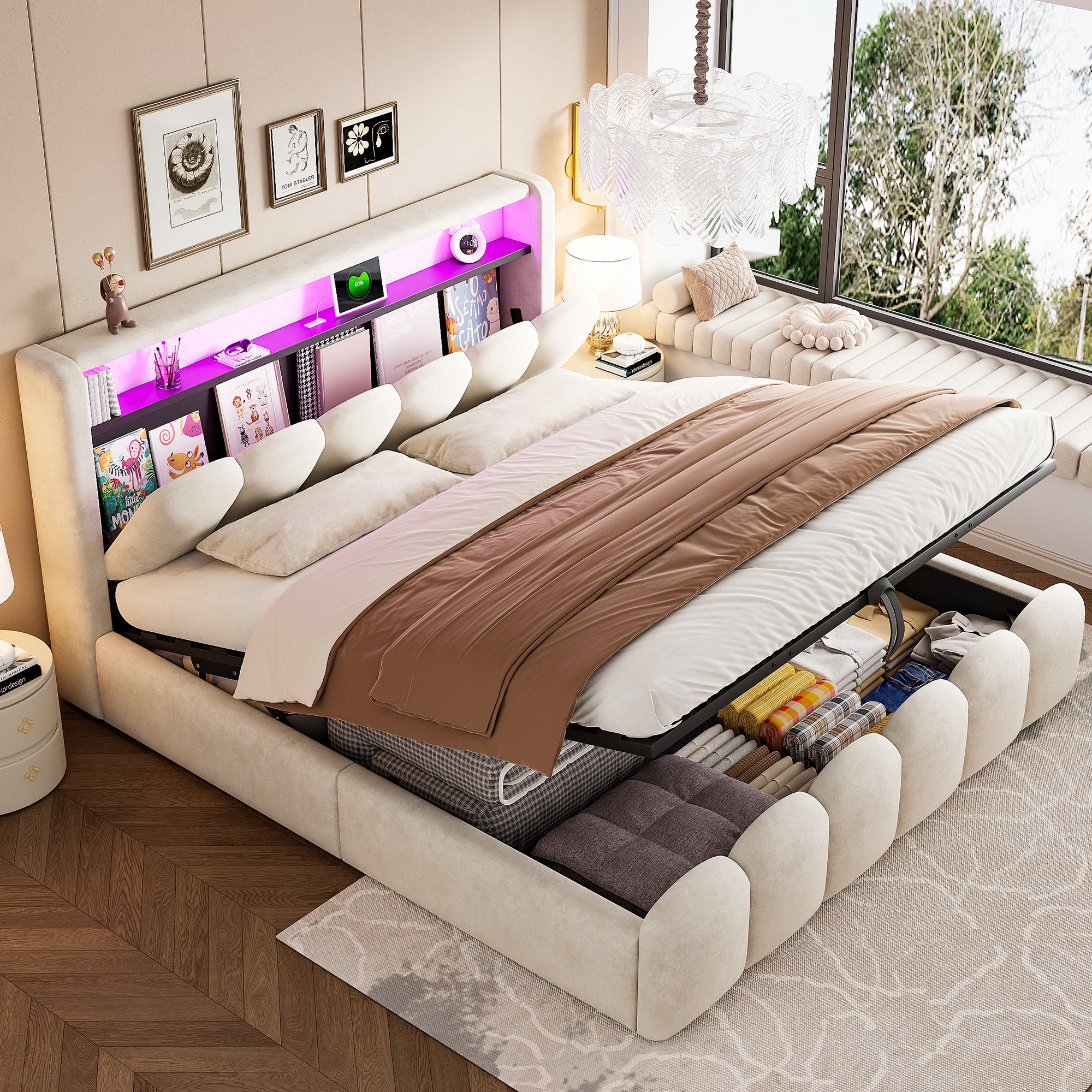 Lit coffre 180x200 en velours beige, structure métallique et Panneau composite de fibres de bois à densité, avec sommier à lattes et rangement hydraulique