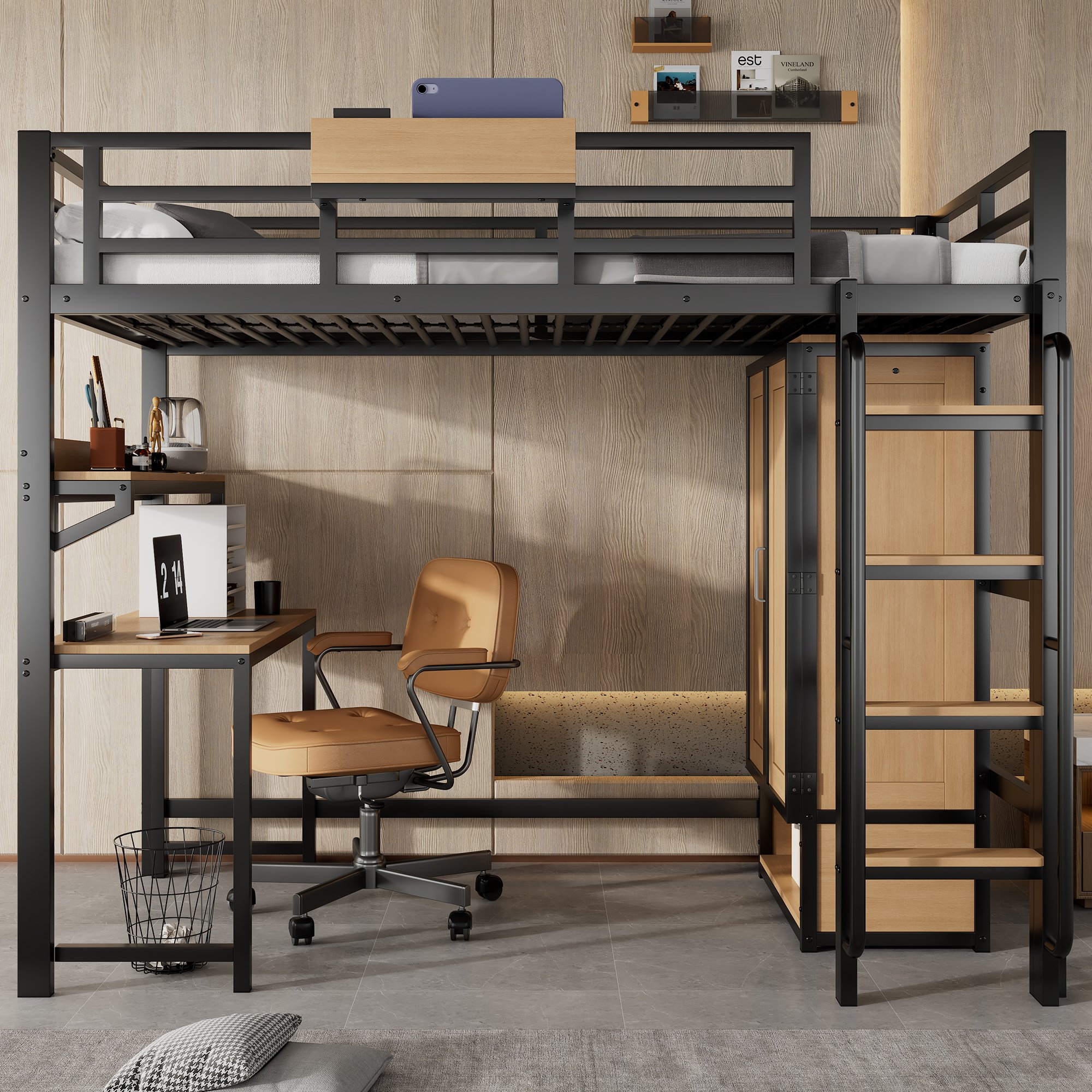 Lit mezzanine 90x200 en fer noir et bois avec placard, bureau et rangements