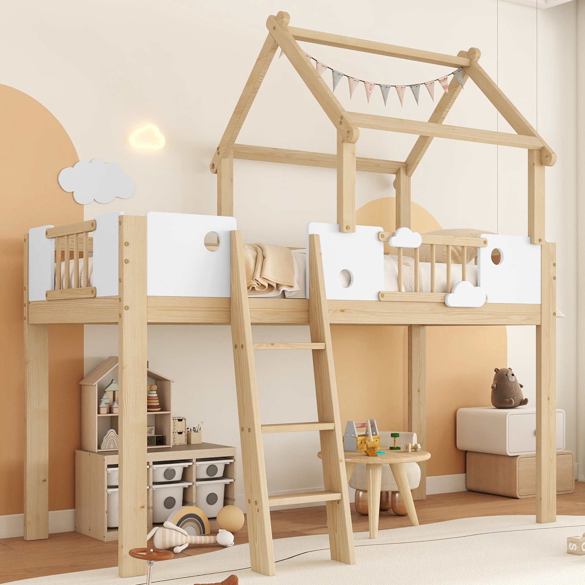 Lit mezzanine 90x200 avec escalier et garde-corps, design toit, pin blanc naturel