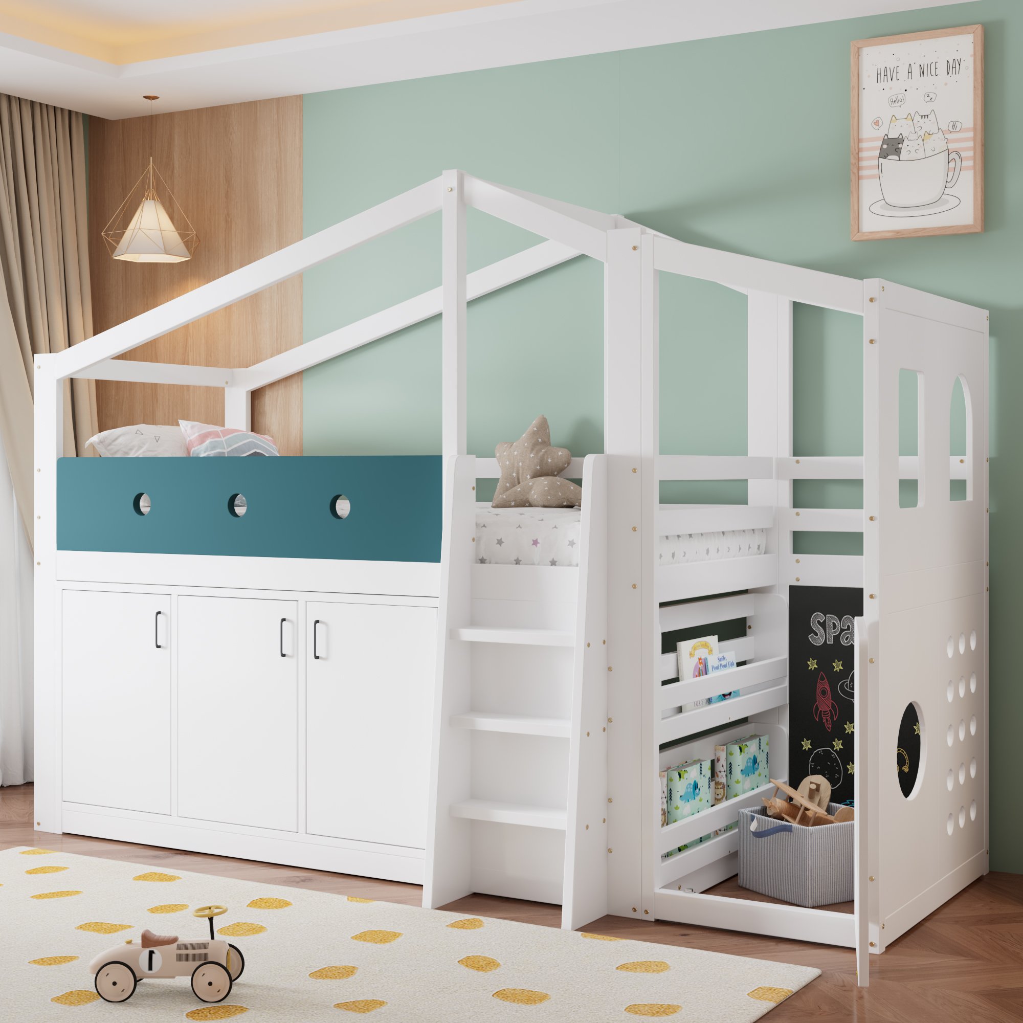 Lit mezzanine enfant 90x200 en bois massif blanc avec rangement et coin jeu