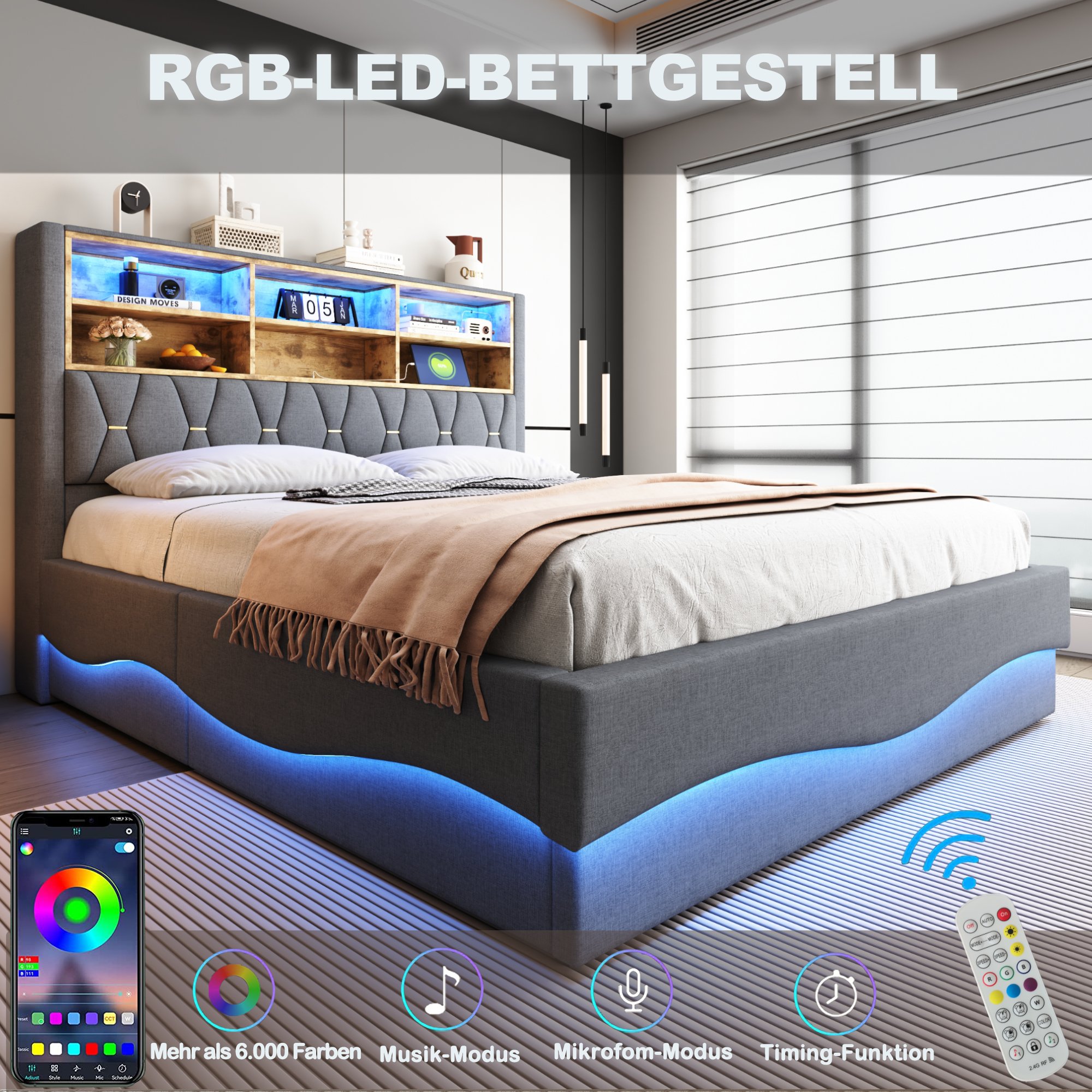 Lit coffre 180x200 pour 2 personnes avec sommier à lattes métallique et rangement