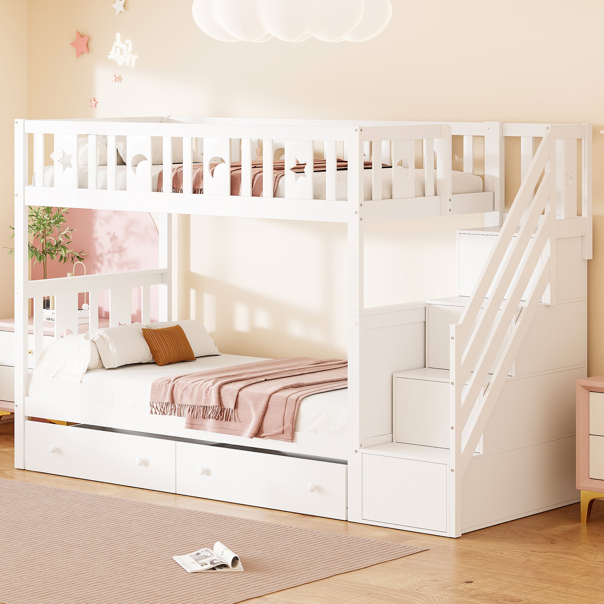 Lit superposé enfant 90x200 avec rangement, échelle et tiroirs, bois massif blanc