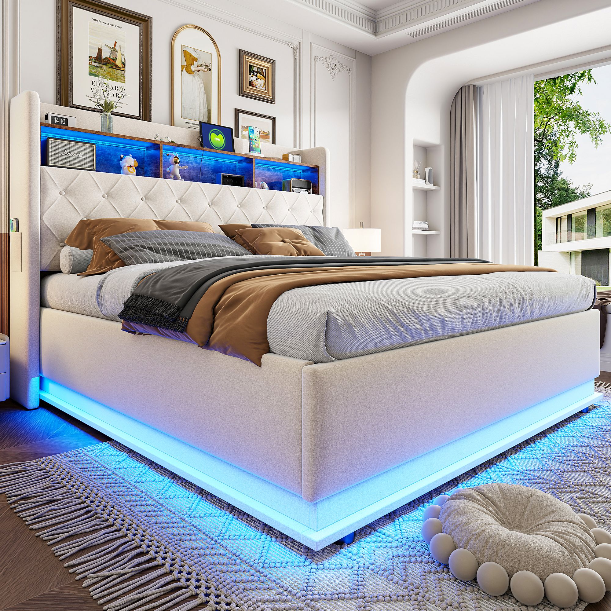 Lit coffre 180x200 en lin beige avec rangement hydraulique, LED et ports USB