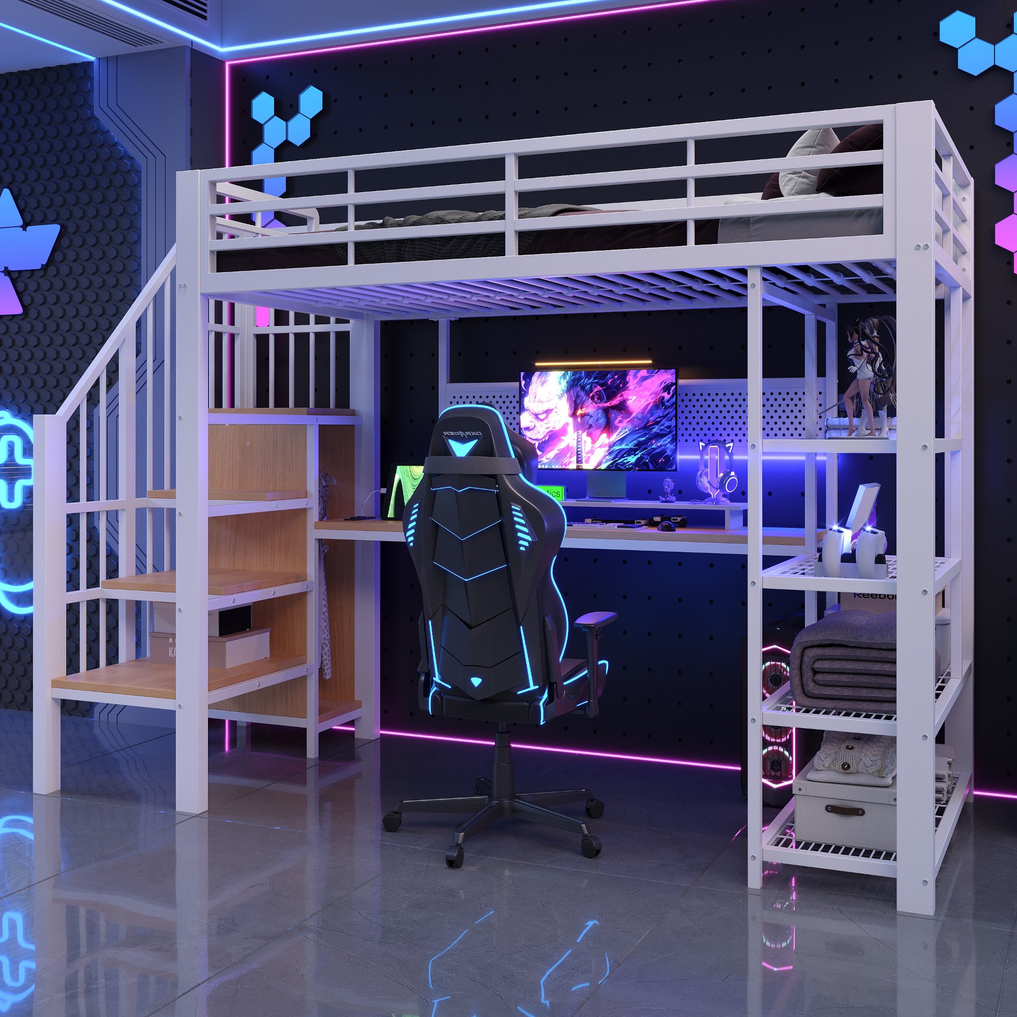 Lit mezzanine 90x200 avec bureau et rangements, métal blanc, LED et prises intégrées