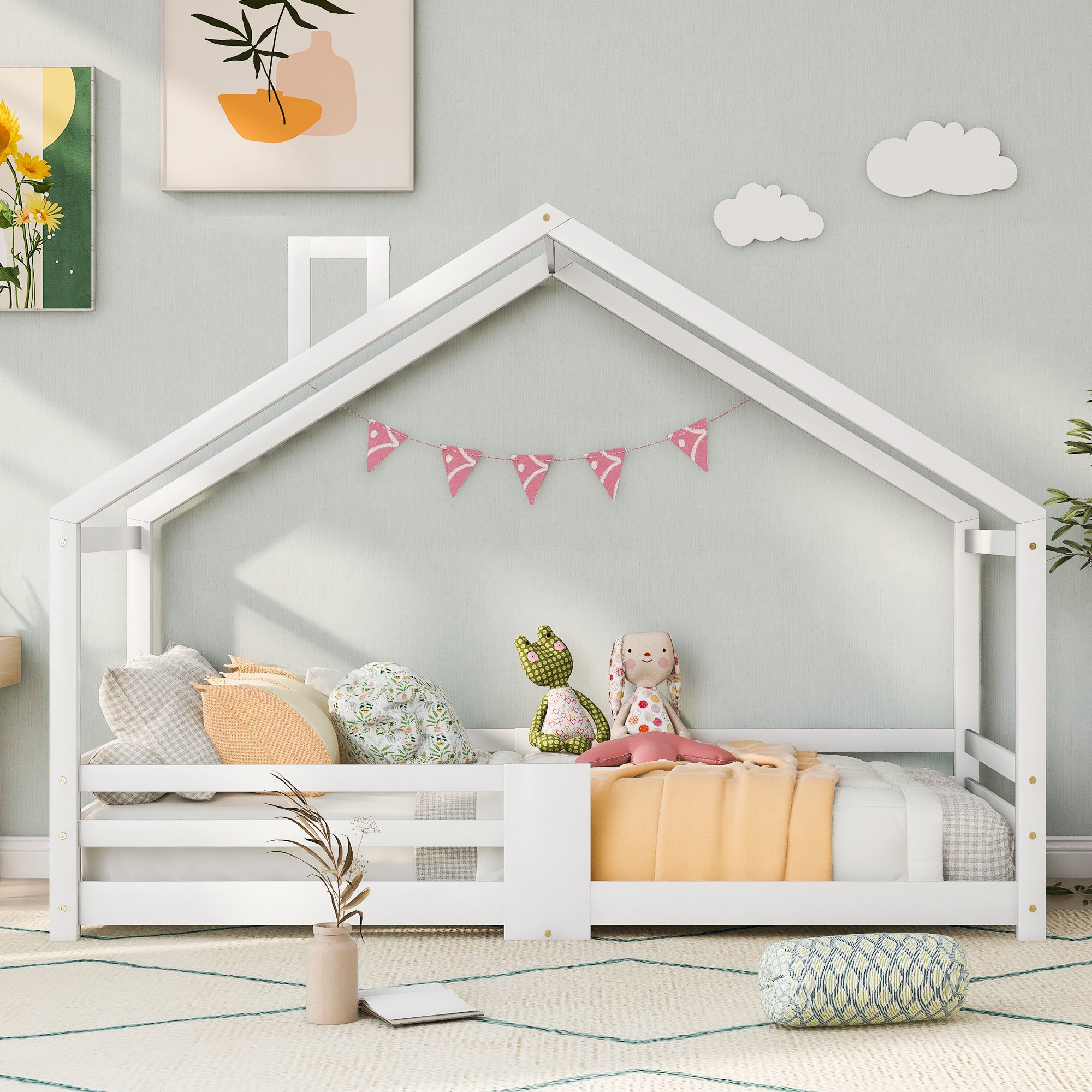 Lit cabane enfant 90x200 blanc, lit maison bois pin massif avec sommier lattes et barreaux sécurité pour chambre