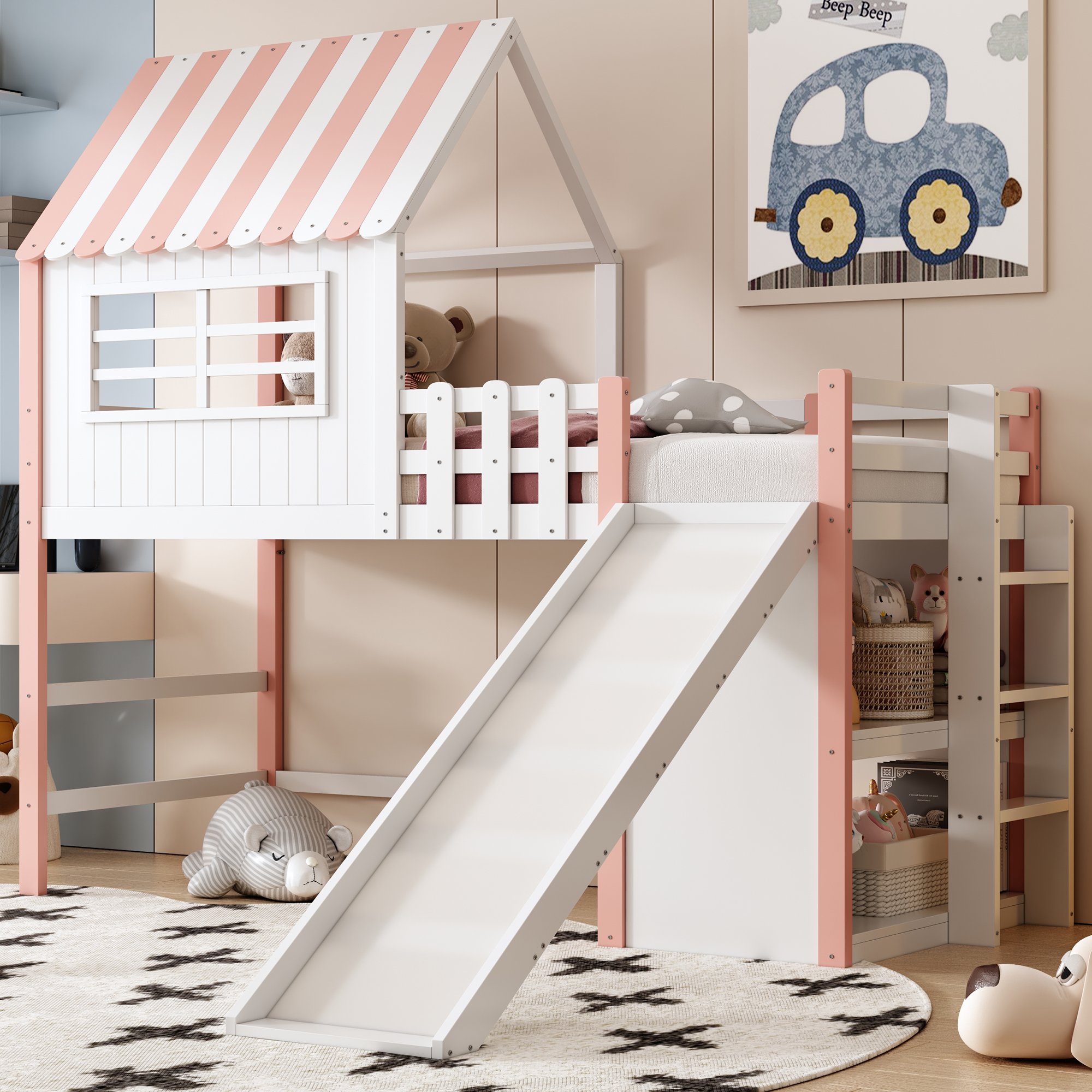 Lit mezzanine enfant 90x200 en pin massif rose avec toboggan et rangements