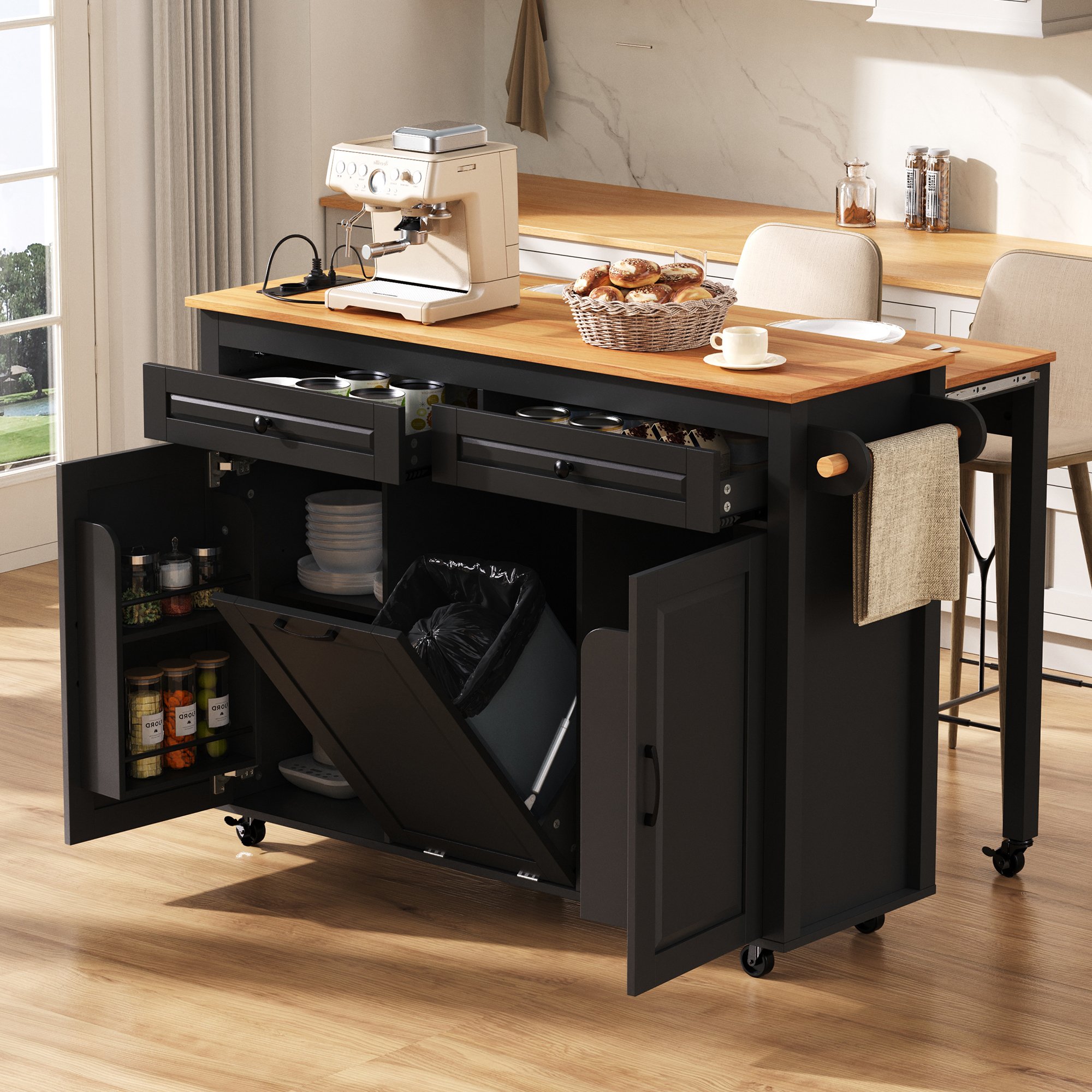 Îlot de cuisine 120x40x92 cm noir, plan extensible jusqu'à 75 cm, avec prises, USB et rangements, sur roulettes