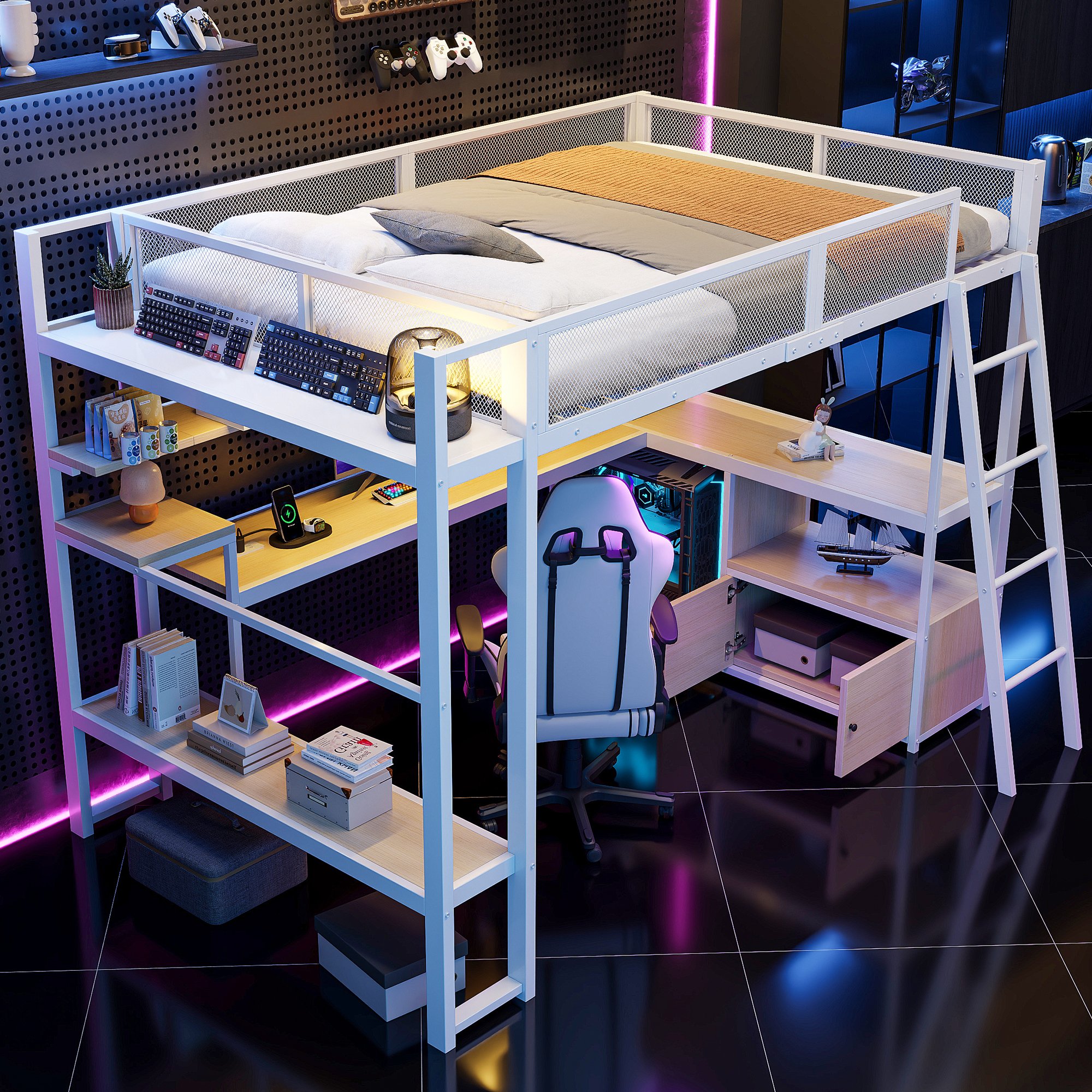 Lit mezzanine avec bureau, éclairage LED et rangements, couchage 140x200