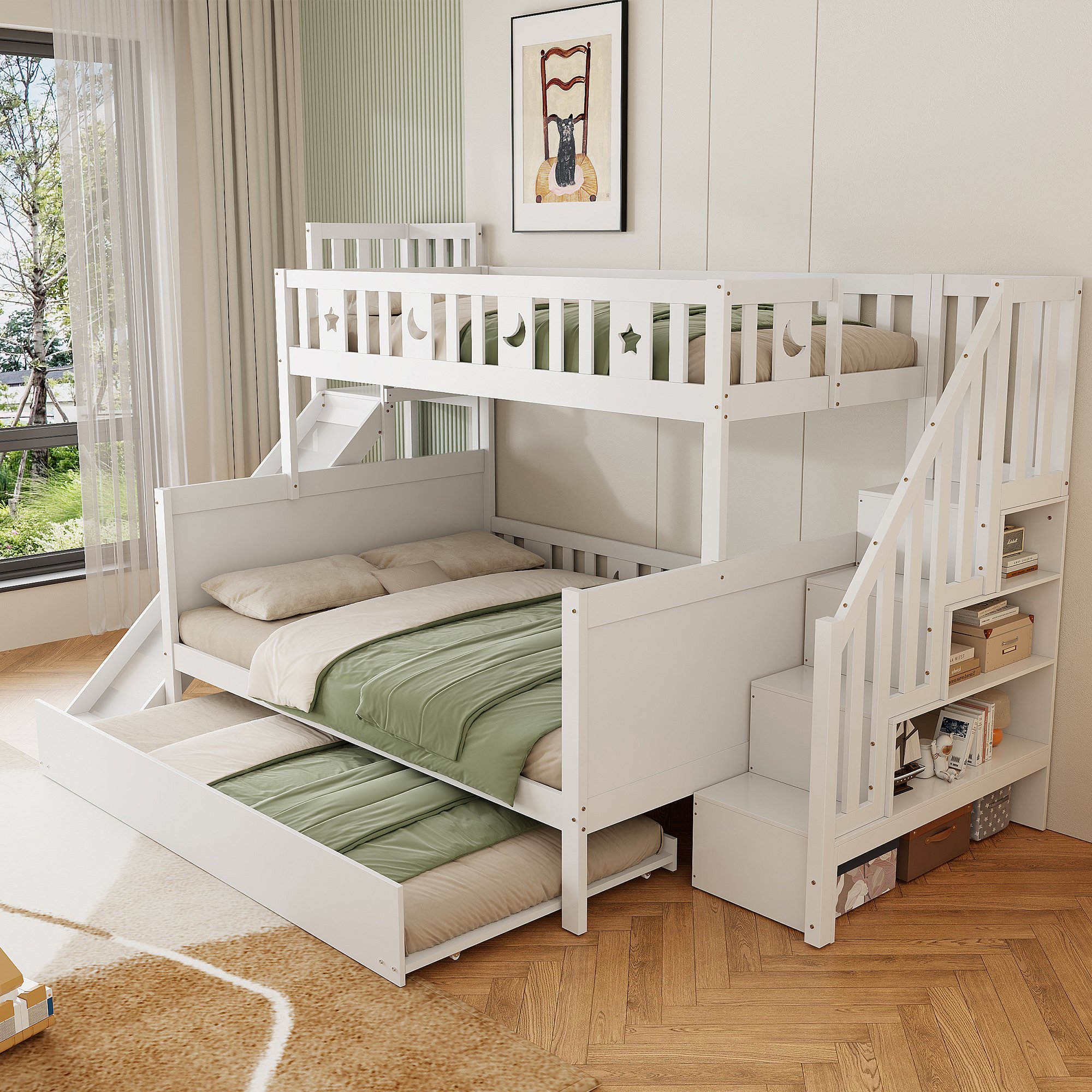 Lit superposé enfant avec toboggan et rangement, 90x200 et 140x200, bois massif blanc, sécurité renforcée