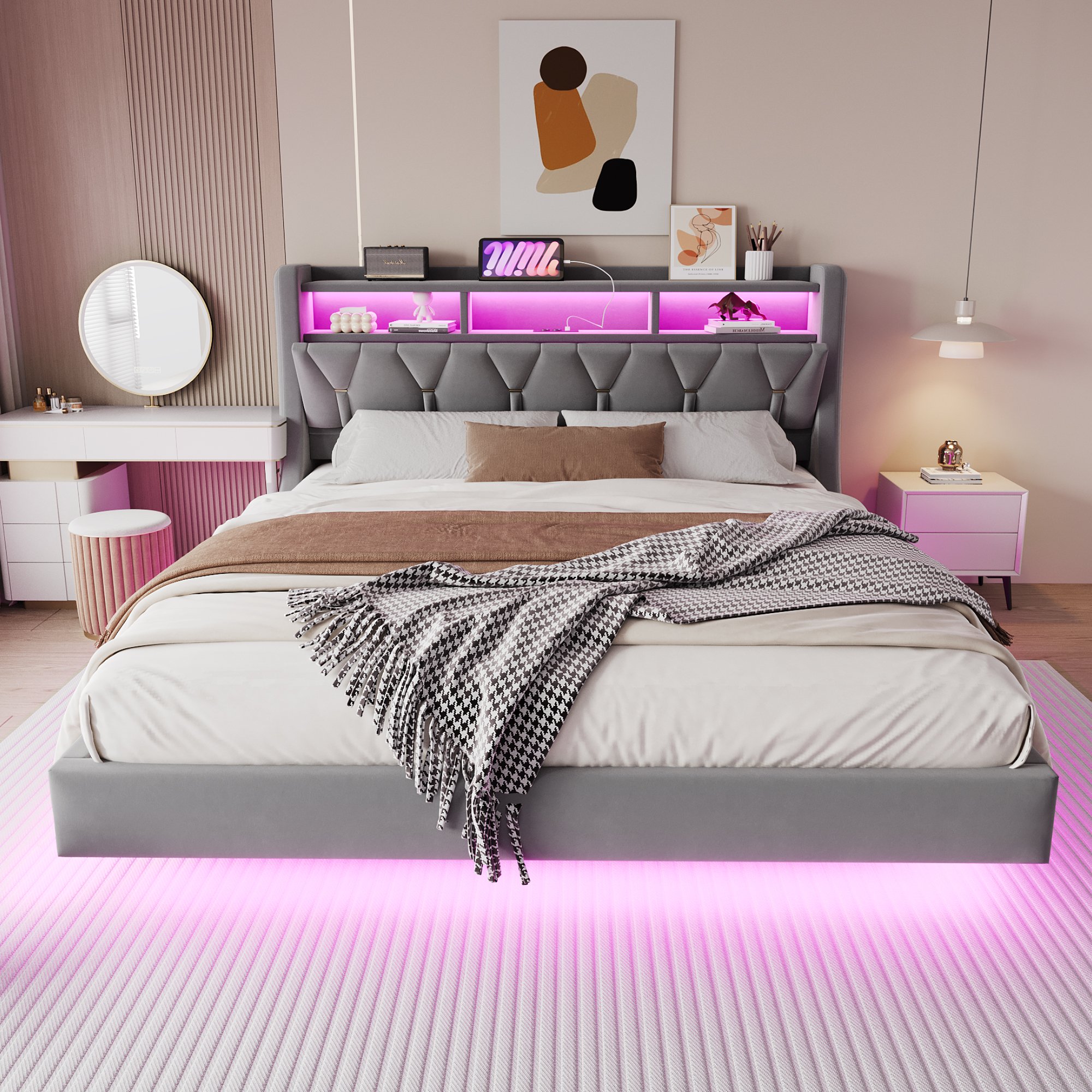 Lit coffre 180x200 en velours gris, structure Panneau composite de fibres de bois à densité et lattes, avec rangement