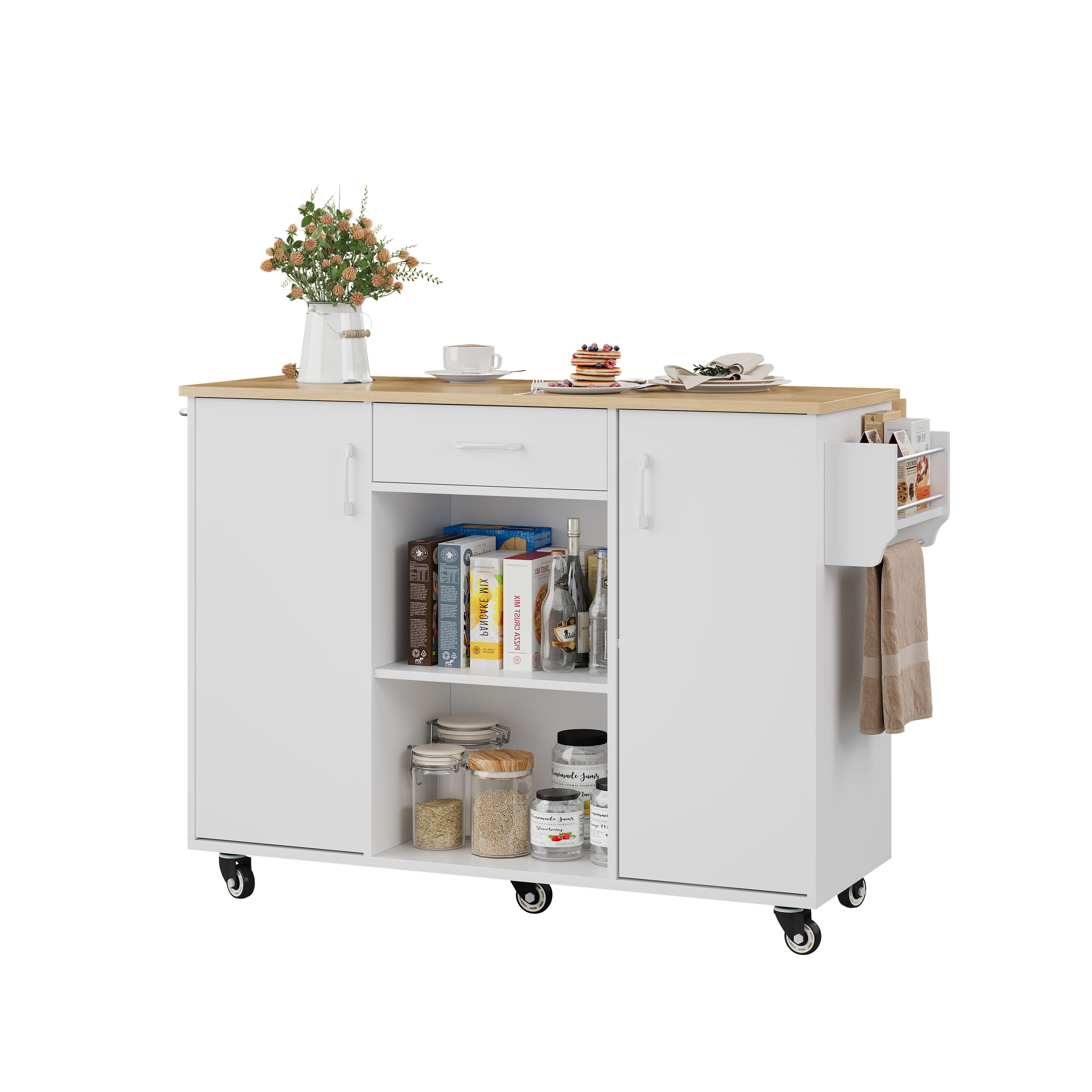 Îlot de cuisine 120 cm avec rangement, tiroir, placards, roulettes et plan de travail rabattable, blanc et chêne