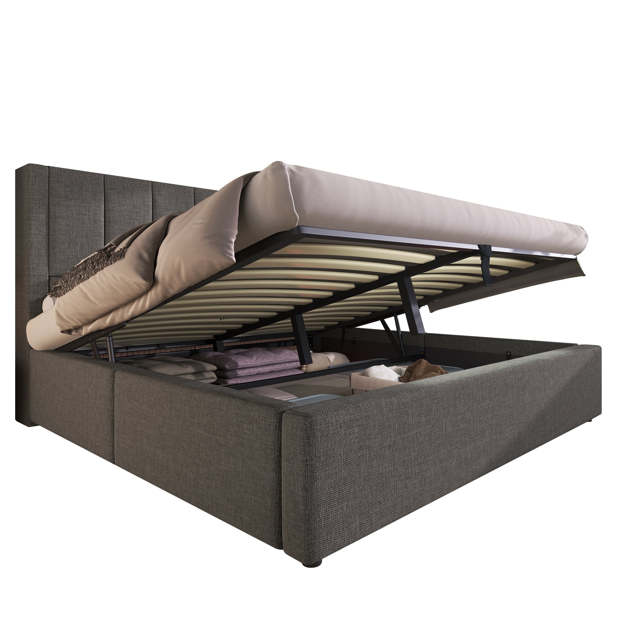lit coffre 140x200 avec station de charge USB et Type-C, porte-gobelets caché, rangement hydraulique facile