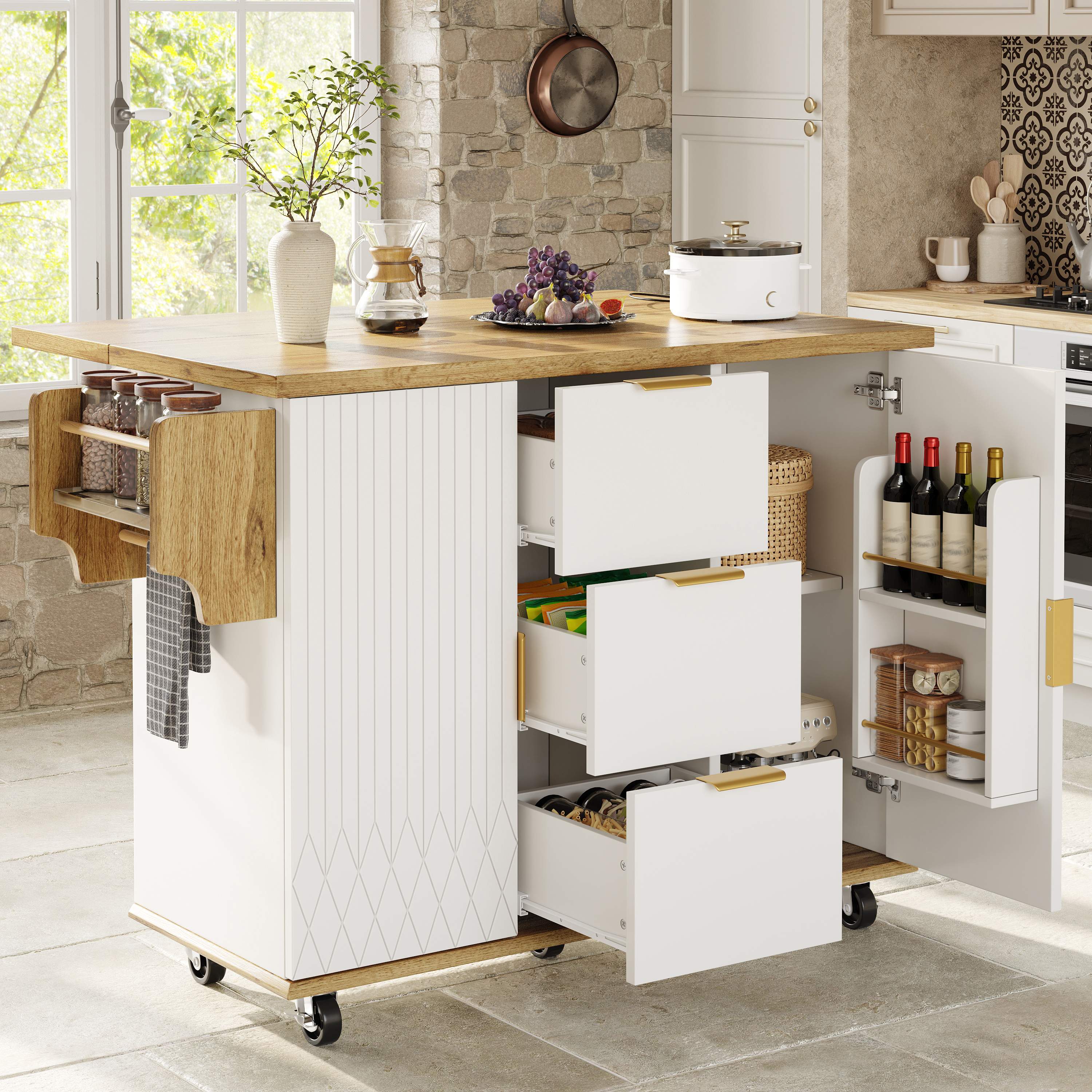 Îlot de cuisine en Panneau composite de fibres de bois à densité et métal, blanc, avec plan de travail rabattable, 3 tiroirs, 2 armoires, 5 roulettes, 134x46x88 cm