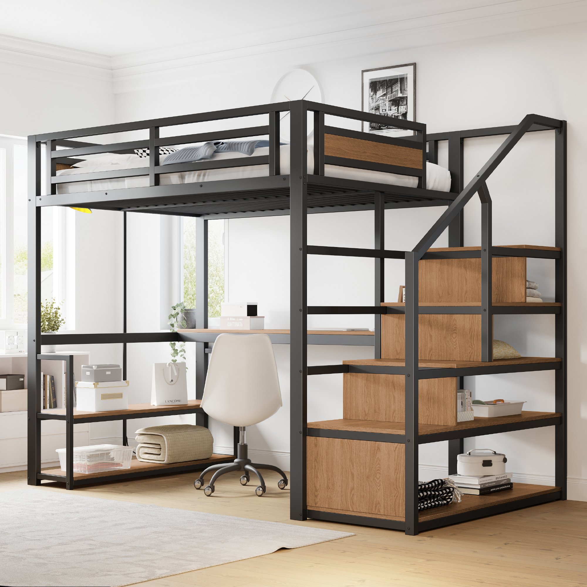 Lit mezzanine 140x200 en métal et Panneau composite de fibres de bois à densité, avec échelle de rangement, table et étagères, noir, pour enfant et adulte